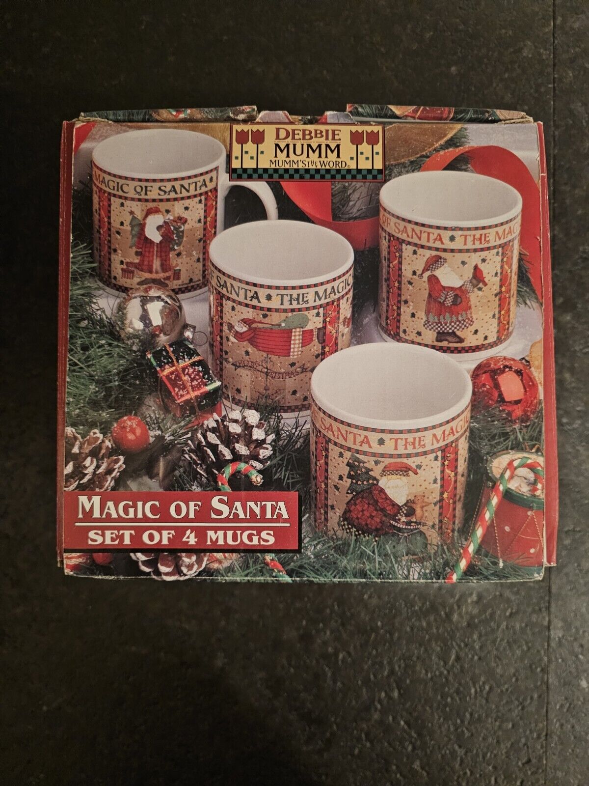 VTG Debbie Mumm Sakura Spirit Of Santa 4 Mugs In Package