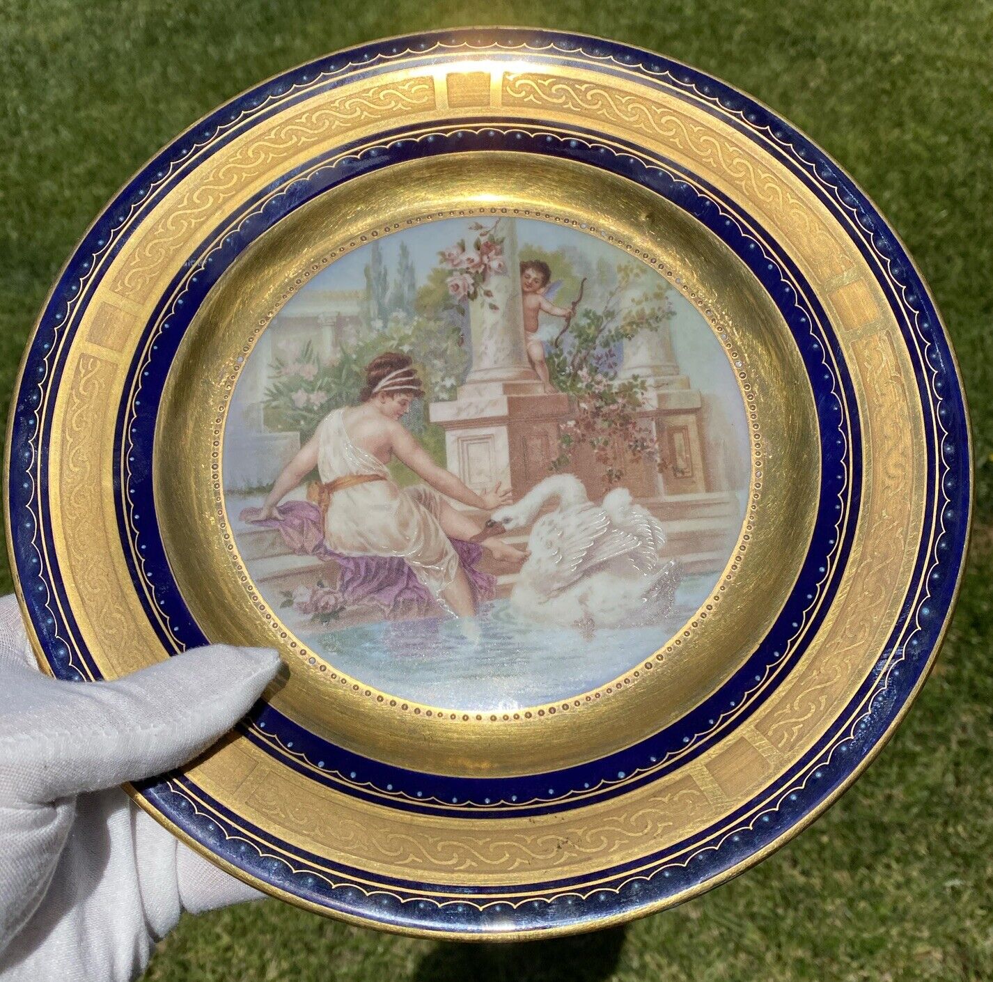 Antique Royal Vienna Cobalt Blue And Gold Portrait Plate Cupid Girl & Swan