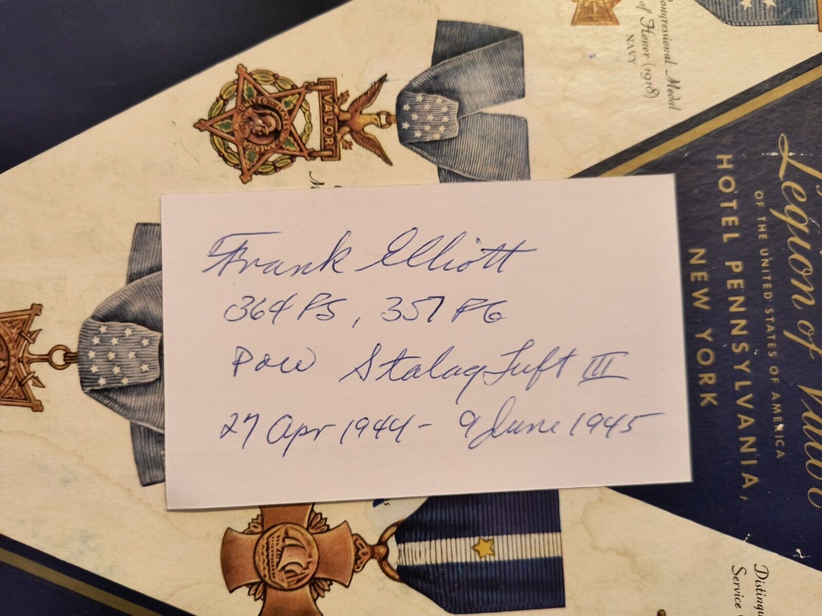 WWII Fighter Pilot Lt. Col. BENJAMIN FRANKLIN ELLIOTT 357th FG Signed 3x5 Card
