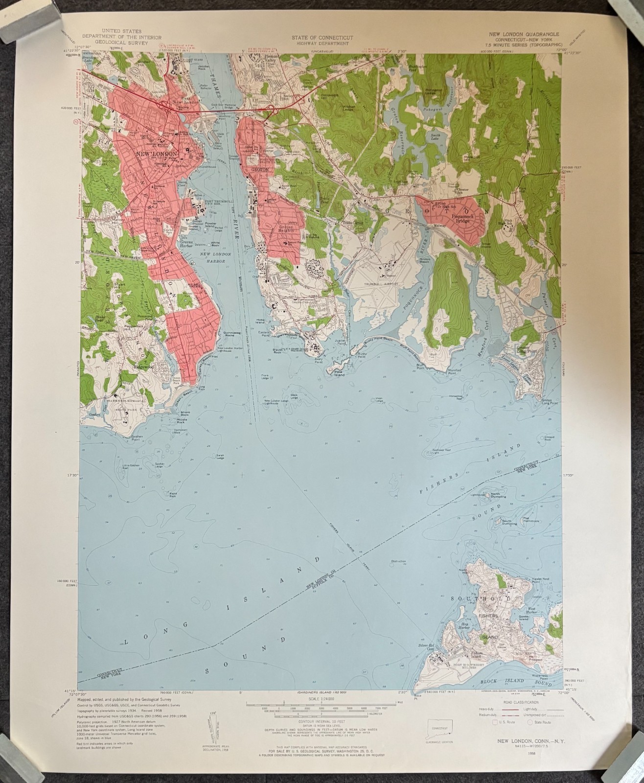 MAP FISHERS ISLAND NEW LONDON CT QUADRANGLE LONG ISLAND SOUND 1958 USGS TOPO MAP
