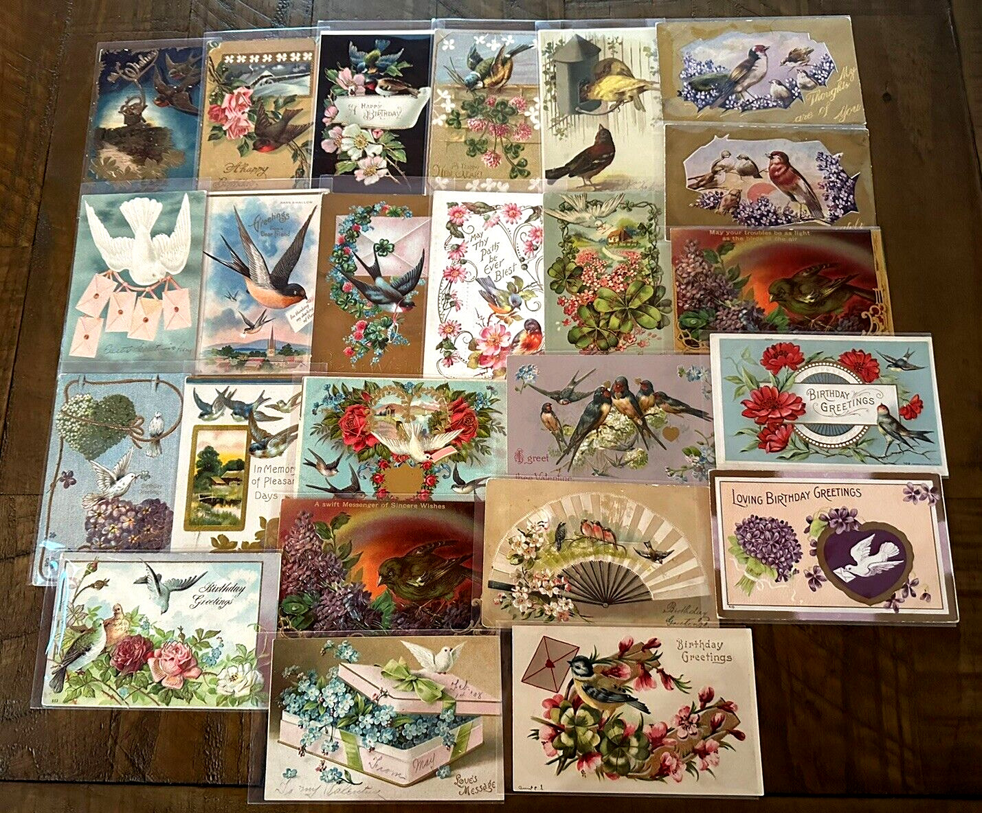 Lot of 24 Antique Greetings Vintage Postcards with Bird~BIRDS~ in sleeves-k-425