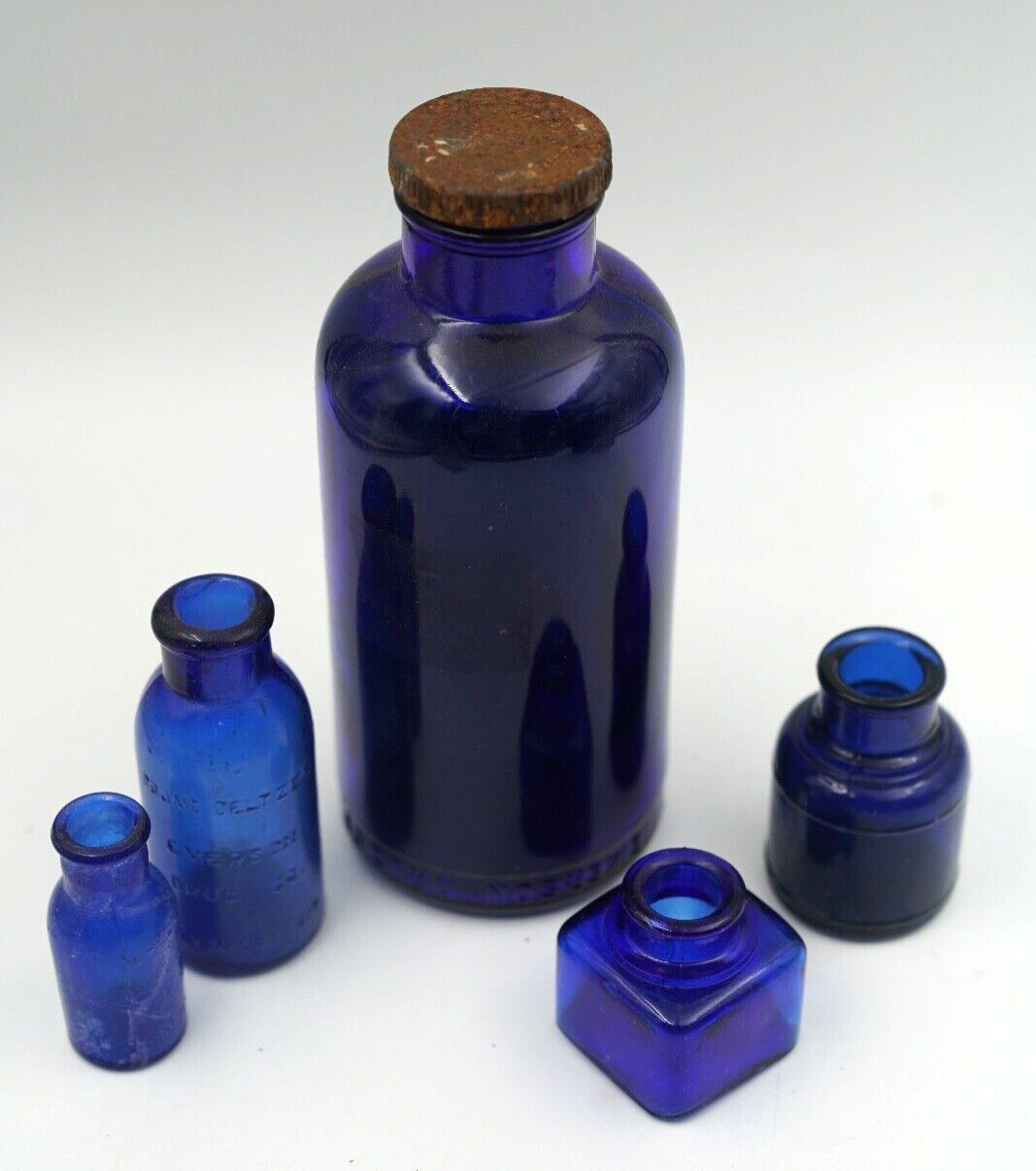Antique Apothecary Cobalt Blue Glass Drug Cure BOTTLES Bottle Lot of 5