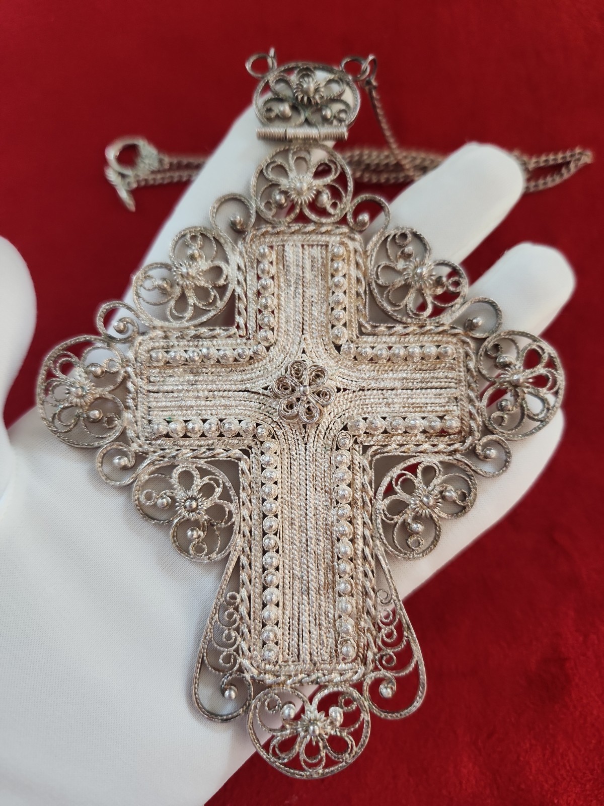 Antique Imperial Russian Silver Filigree Pectoral Cross Orthodox Clergy Priest