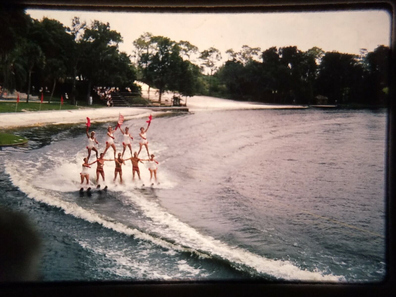 YE16 35MM ORIGINAL SLIDE Water Show at Cypress Gardens FL Skiing Pyramid 1965