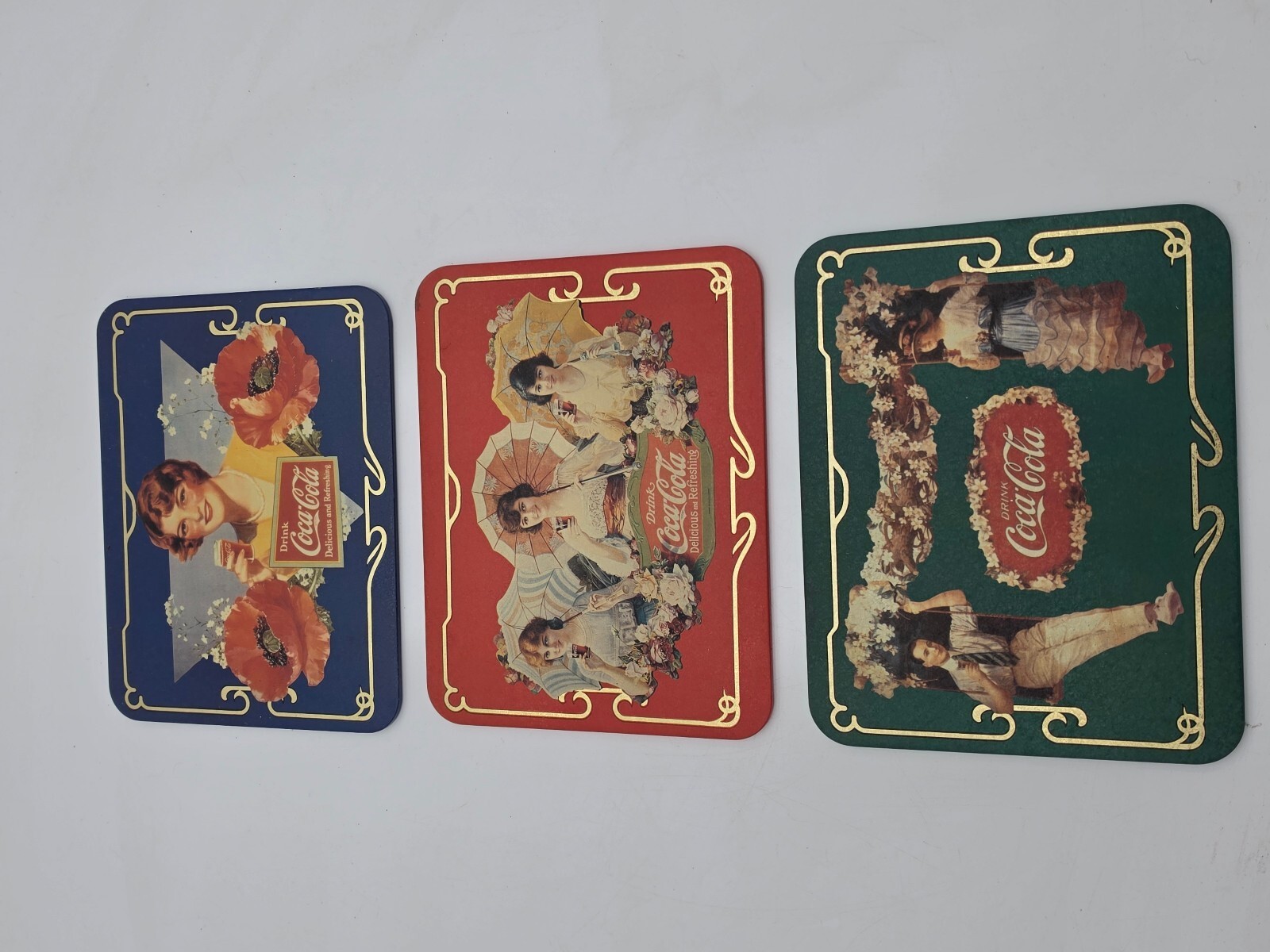 1997 Coca-Cola Tin Coasters Set of 3 NOS Vintage Victorian Coke Advertising