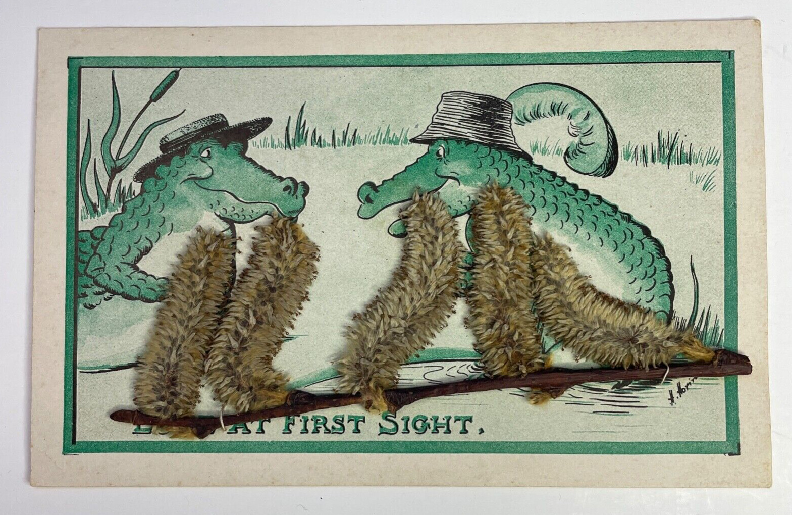1911 Postcard Alligator Love at First Sight Comic Humor Artist Signed WOB DB
