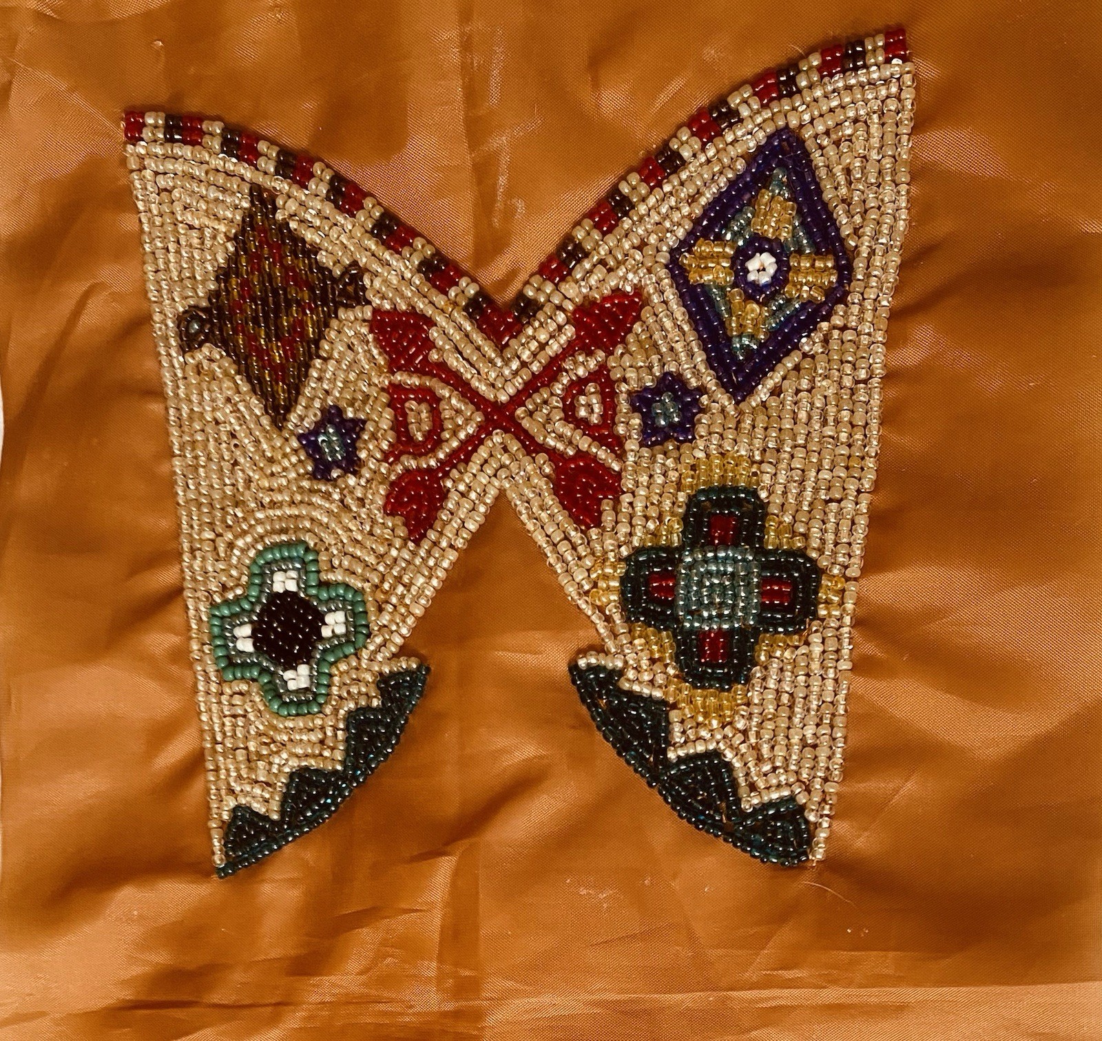 Four (4) Native American (?) Beadwork on Fabric Each One 5” X 5” Two Designs