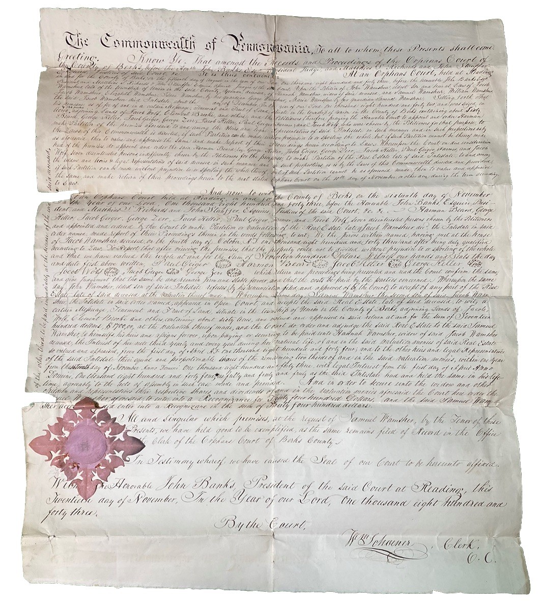 City of Reading Berks County PA Antique 1843 Exemplification Deed Orphan Court City of Reading Berks County PA Antique 1843 Exemplification Deed Orphan Court