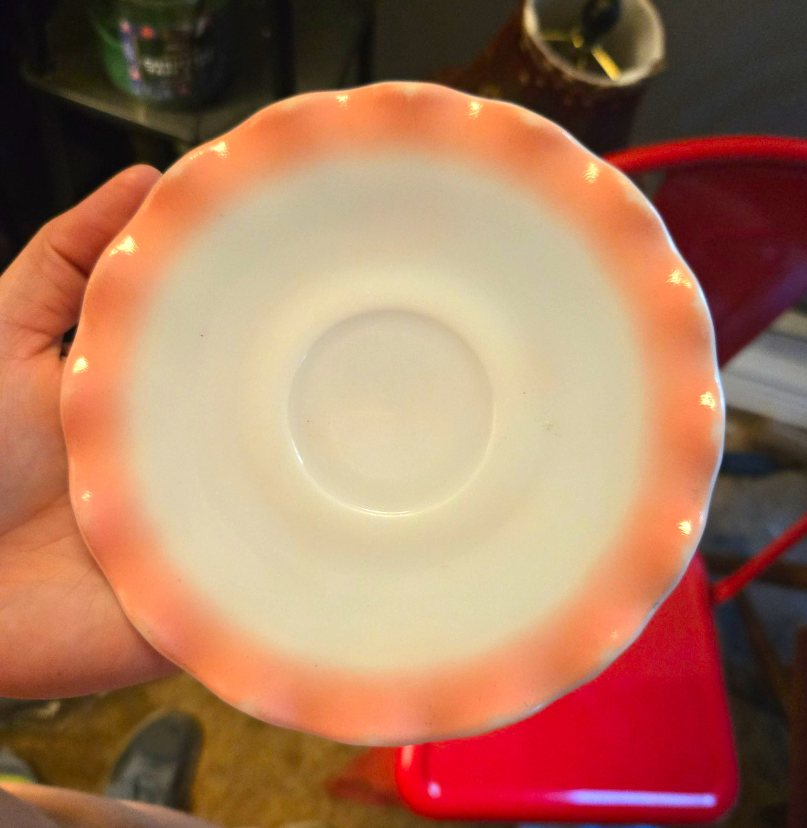 Vintage Hazel Atlas Pink Crinoline Ripple Milk Glass 7 Pc Cups Saucers Bowl