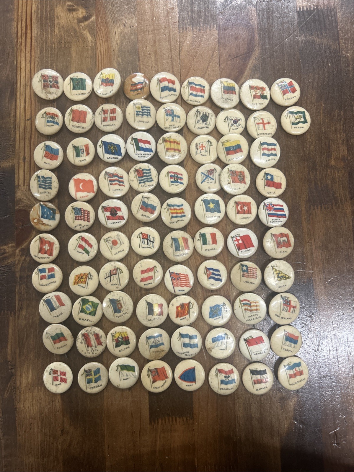 Antique 1890s Sweet Caporal Cigarette 82 Country/ Territories Flag Button Pins