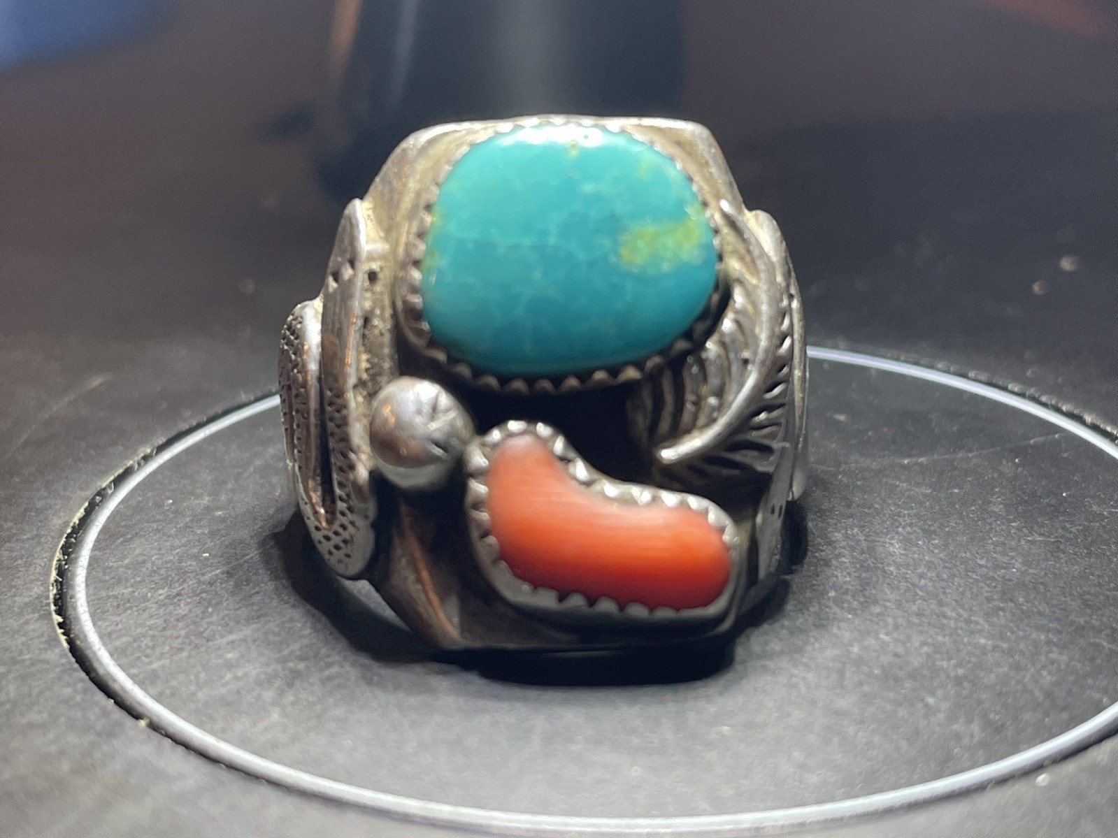 Vintage Navajo Old Pawn Snake Ring 16.4g Blue Turquoise Green Coral Size 10.5