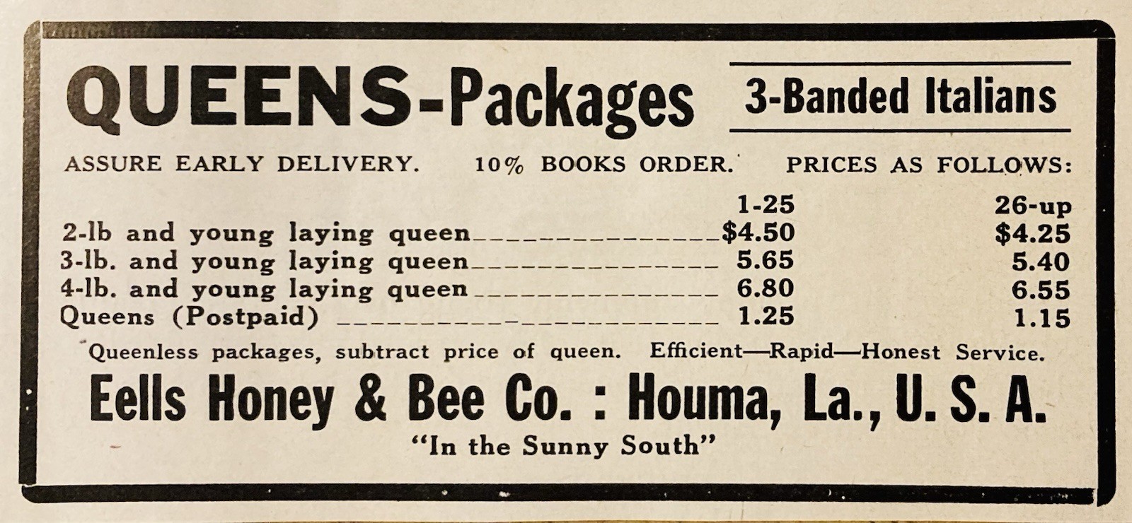 1948 AD.(XH87)~EELLS HONEY & BEE CO. HOUMA, LA. QUEENS AND 3-BANDED ITALIANS
