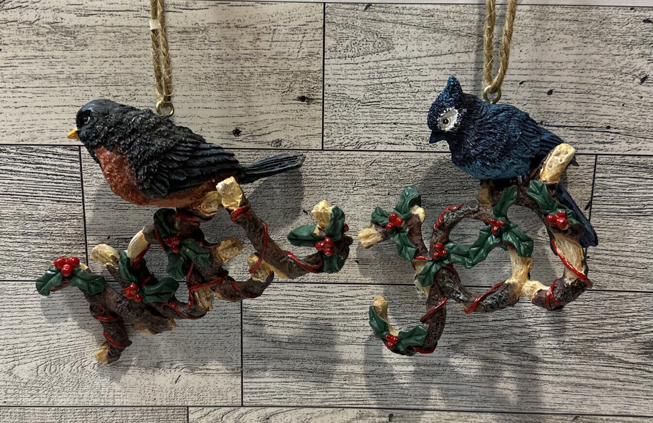 Christmas Birds 4” & 5” Ornaments on Noel & Joy Tree Branch  (Set of 2)