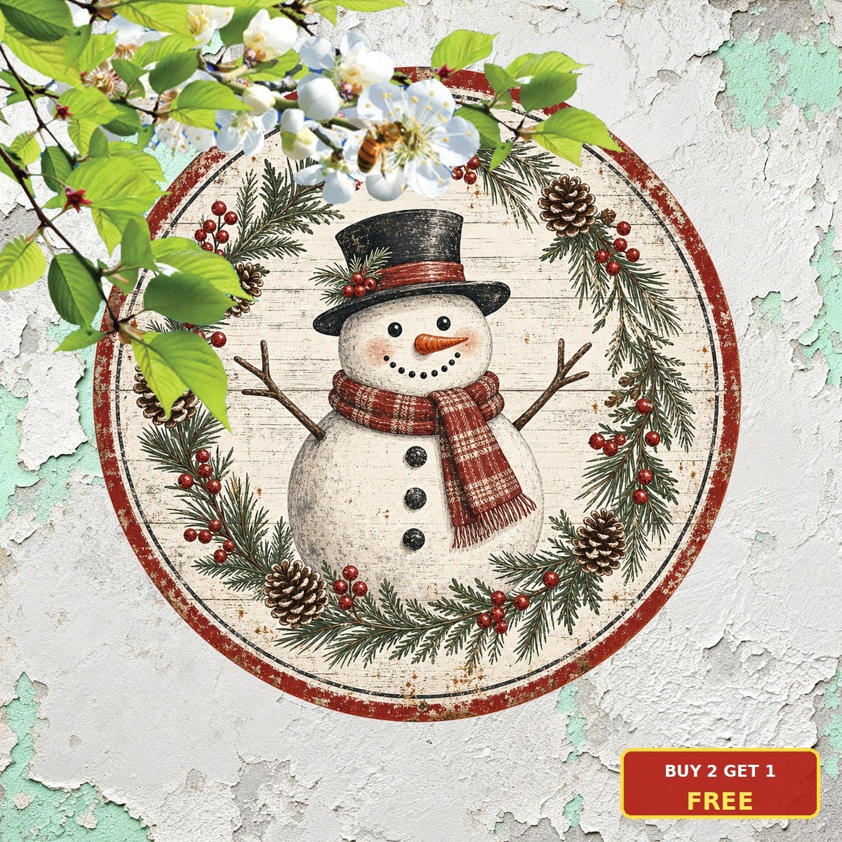 Winter Snowman Wreath Sign Festive Merry Christmas Round Metal Wall Plaque 8x8