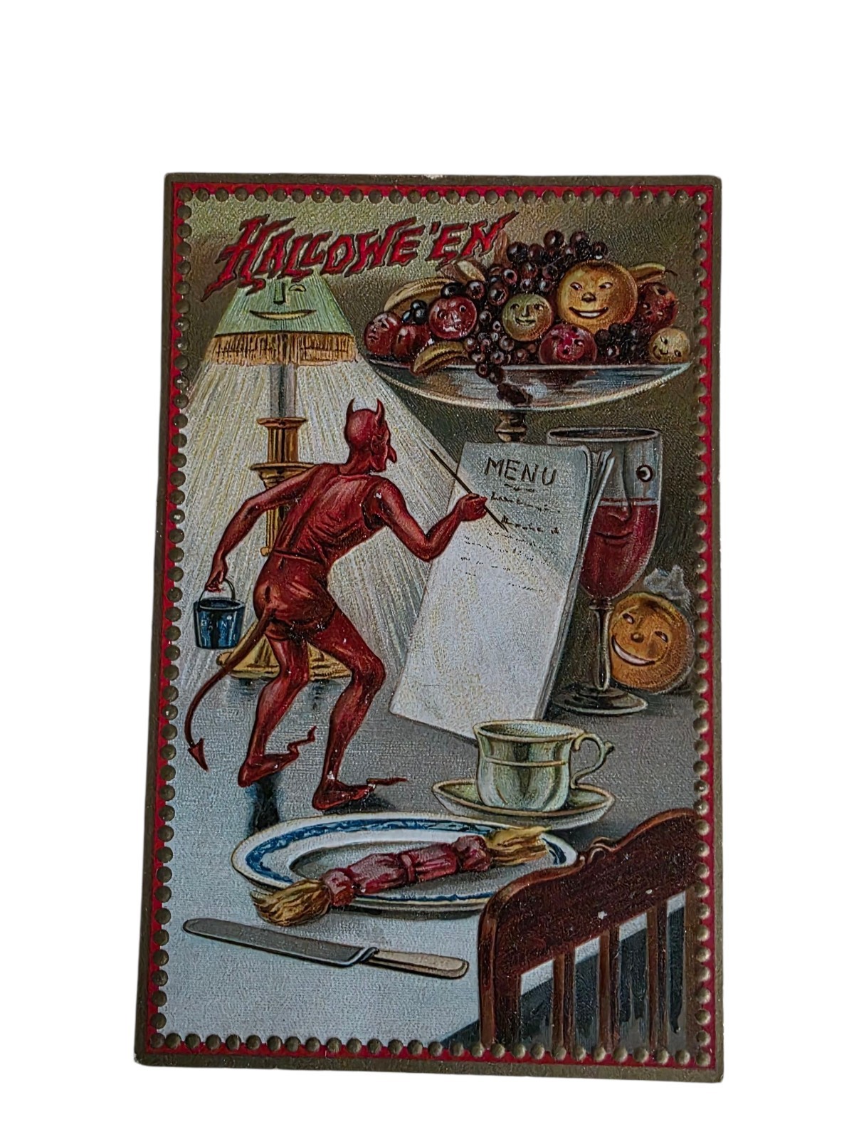 Rare Antique 1908 Tuck’s Hallowe’en Postcard Series 160 Devil Menu Unused Emboss