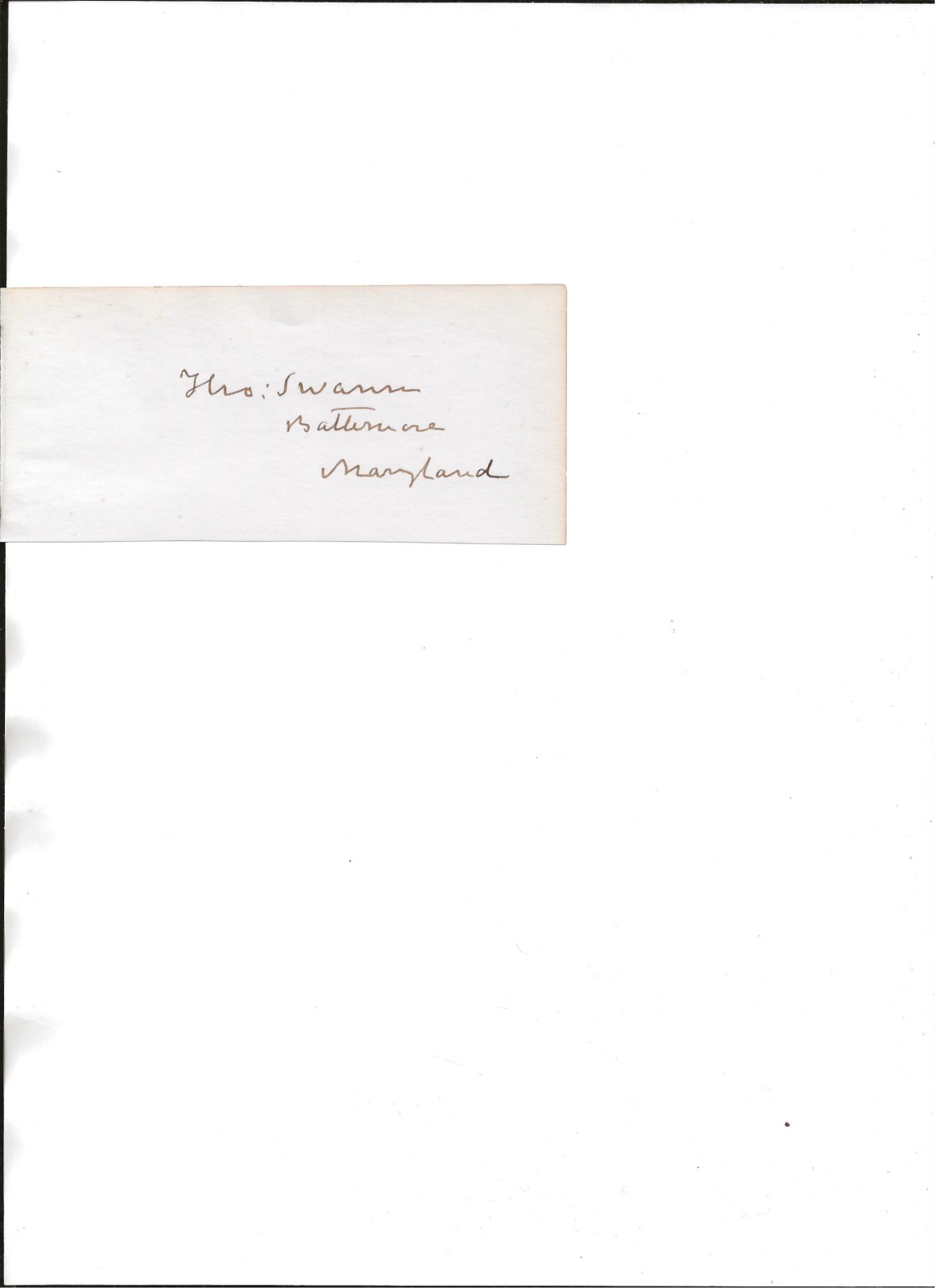 Thomas Swann autograph-Governor Maryland 1866-1869-Rep 1869-1879