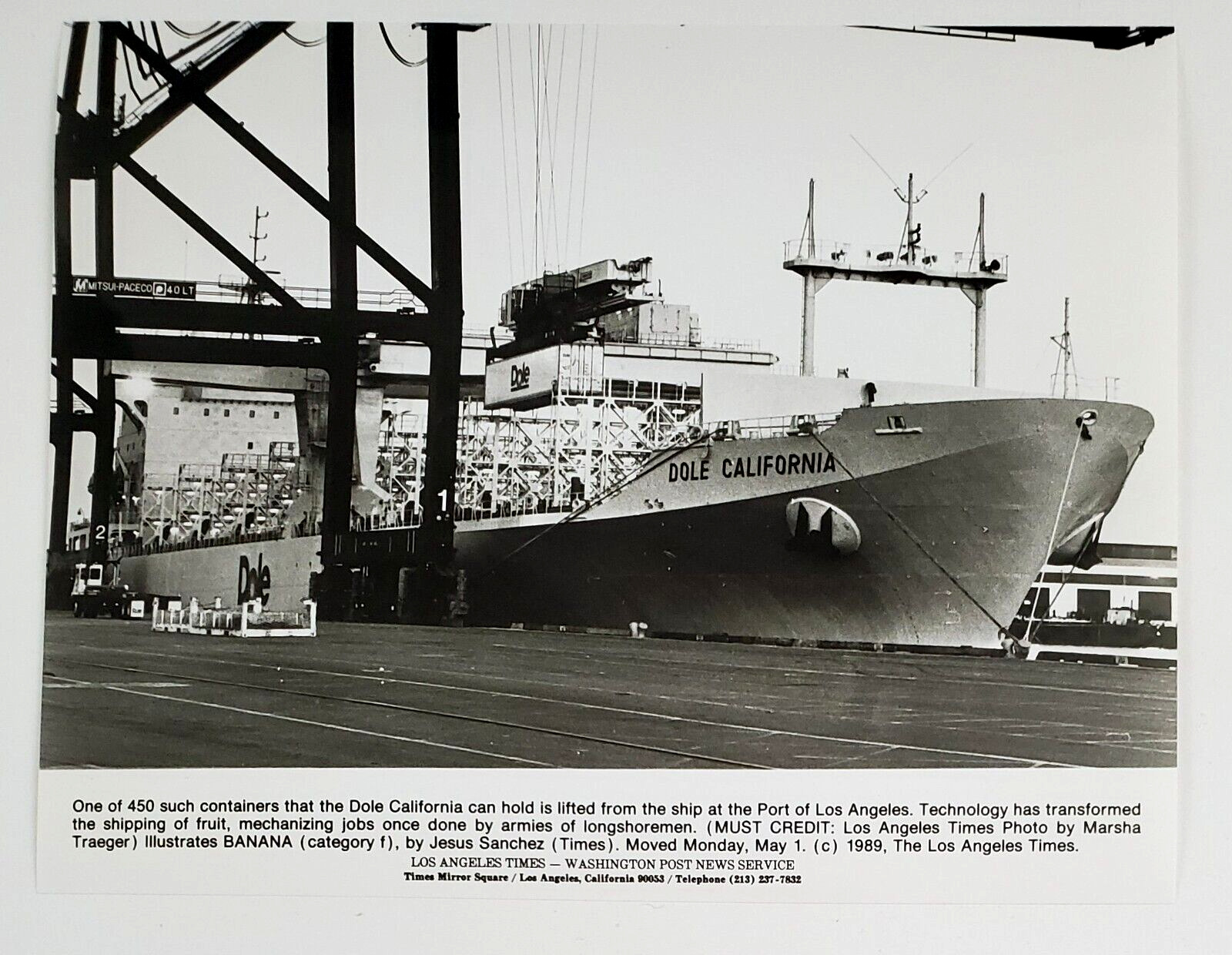 1990 Los Angeles CA Dole California Ship Boat Fruit Transport Vtg Press Photo