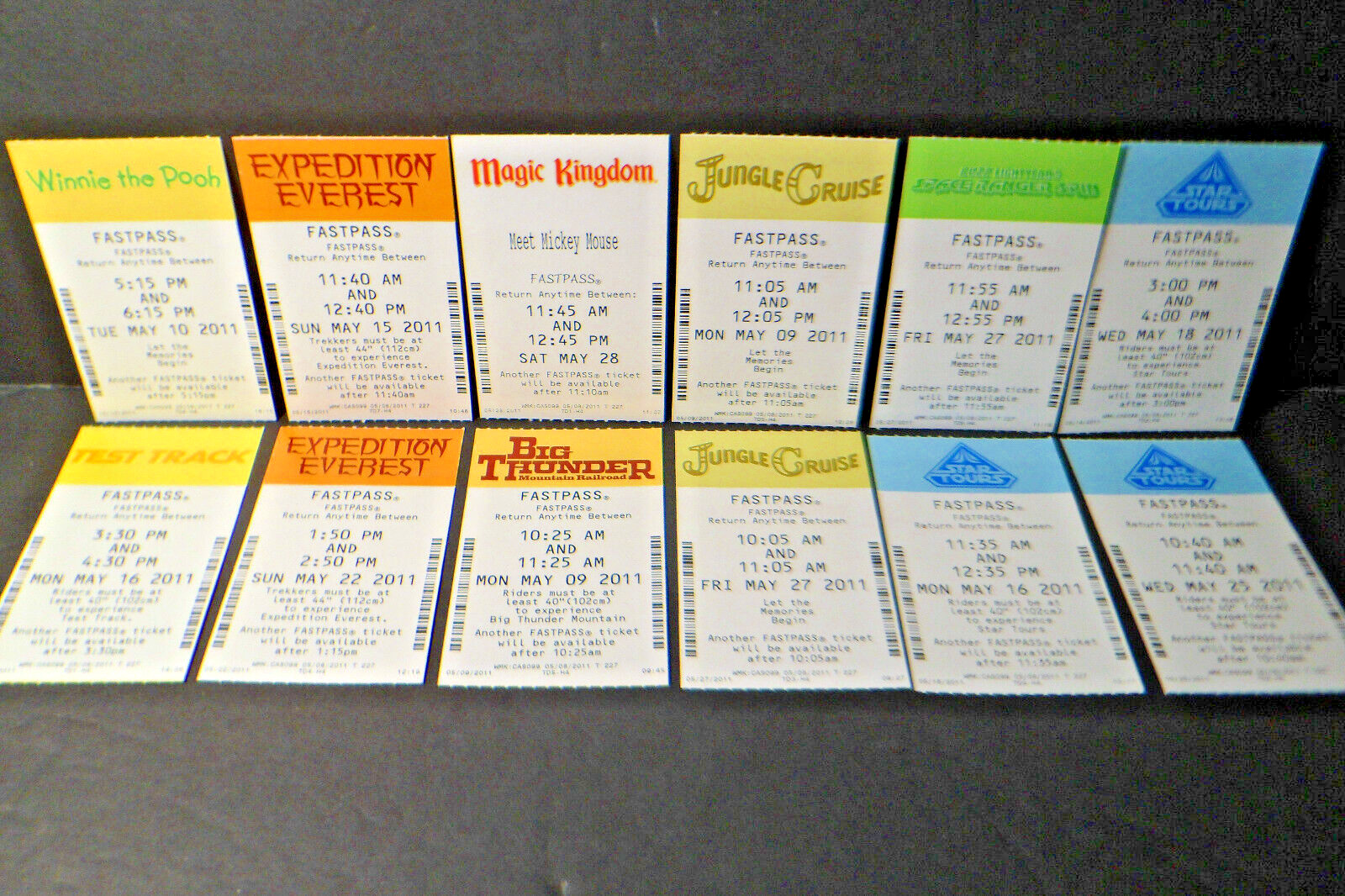 Lot of 12 - 2011 Walt Disney World Resort FastPass Paper Tickets - New Condition