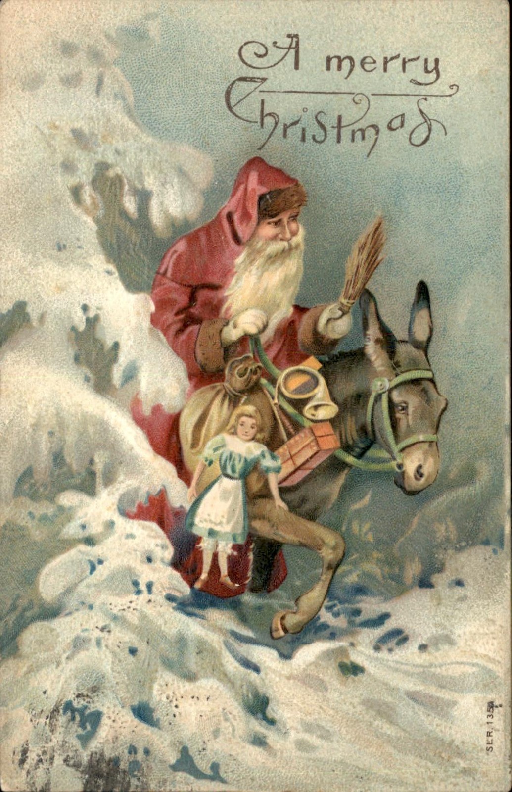 Santa Claus donkey Christmas Embossed Glitter c1900s-10s Vintage Postcard bhn