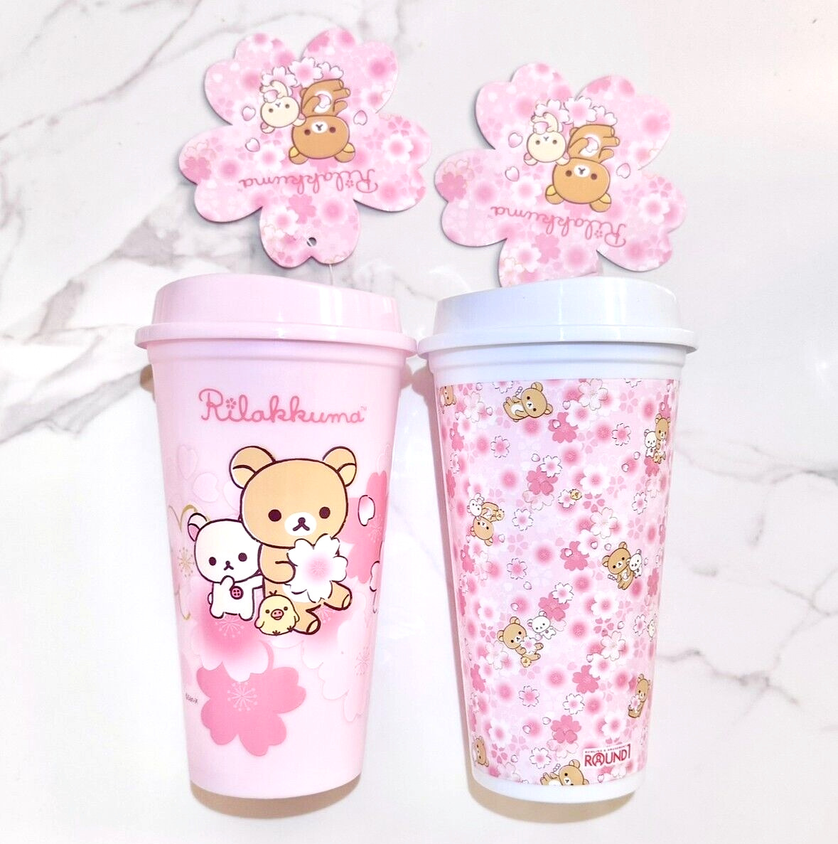 Rilakkuma Cups SET of 2 EXCLUSIVE Pink Sakura Cherry 16oz Reusable Plastic NEWT