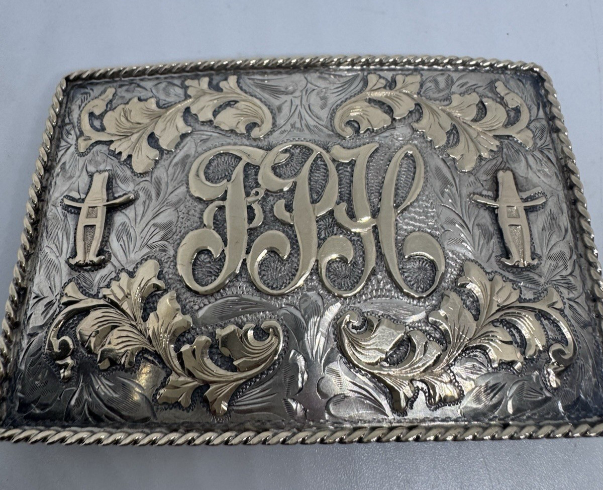 RARE VTG NELSON SILVIA CO STERLING & 10K YG HOUSTON RODEO BUCKLE W/INITIALS-NR RARE VTG NELSON SILVIA CO STERLING & 10K YG HOUSTON RODEO BUCKLE W/INITIALS-NR