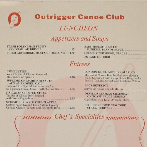 Vintage 1960s Outrigger Canoe Club Hotel Restaurant Menu Honolulu Hawaii