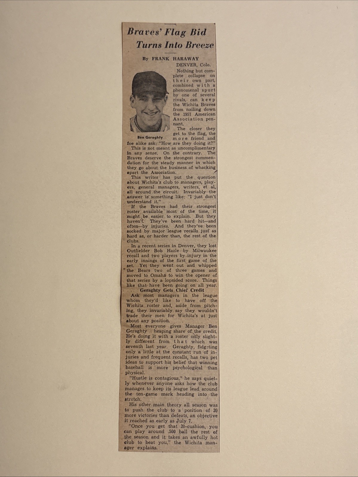 Ben Geraghty Wichita Braves 1957 Sporting News Baseball 2X9 Panel