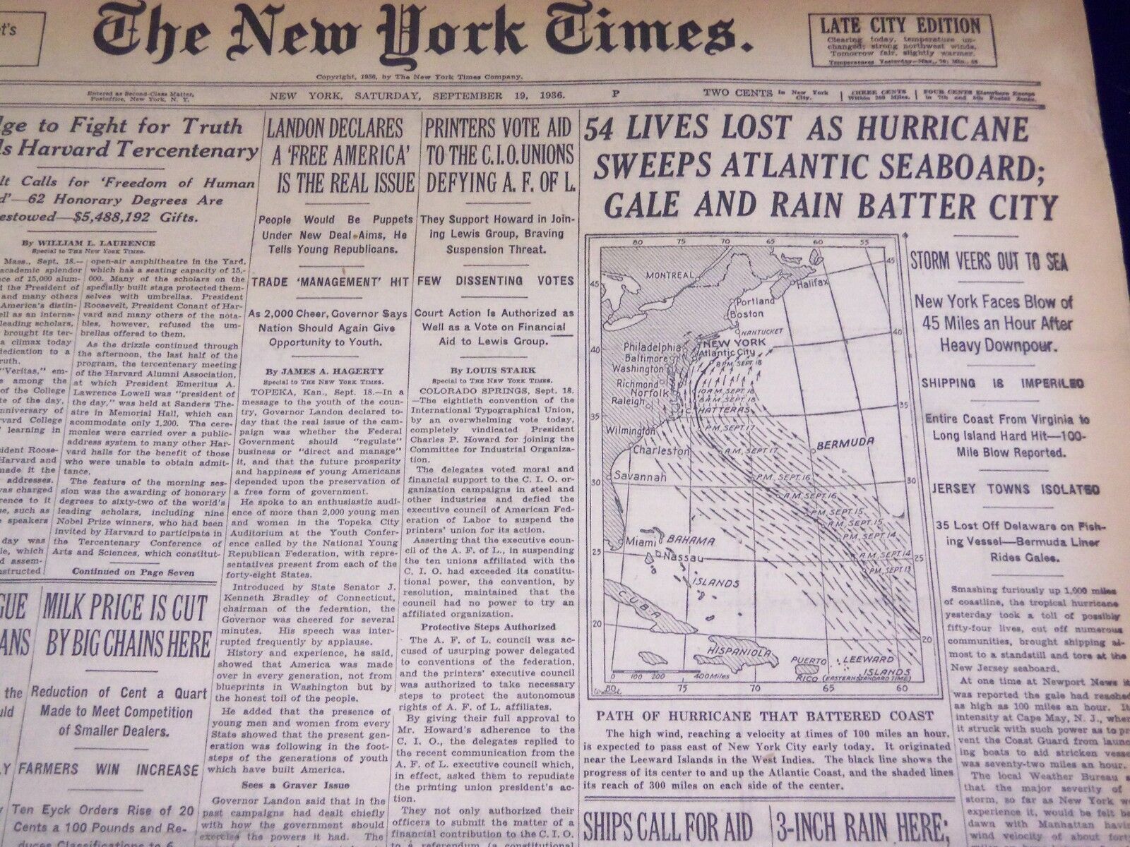 1936 SEPT 19 NEW YORK TIMES - 54 LINES LOST HURRICANE SWEEPS ATLANTIC - NT 2064