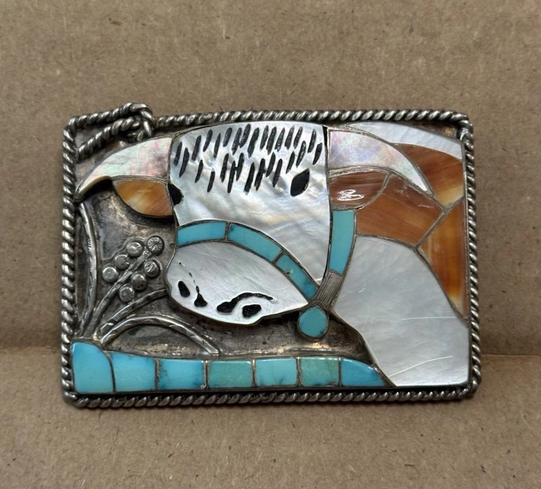 Helen And Lincoln Zunie Inlay Cow Belt Buckle - SIGNED- Excellent Condition
