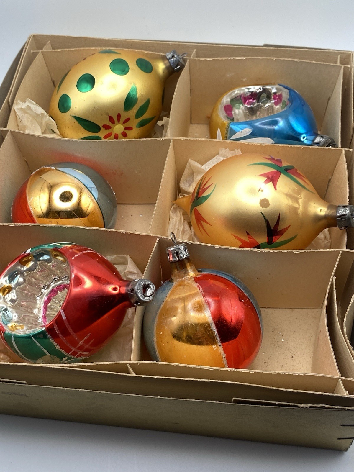 Vintage Mid 20Th Century Mercury Glass Ornaments Six In The Original Box Vintage Mid 20Th Century Mercury Glass Ornaments Six In The Original Box
