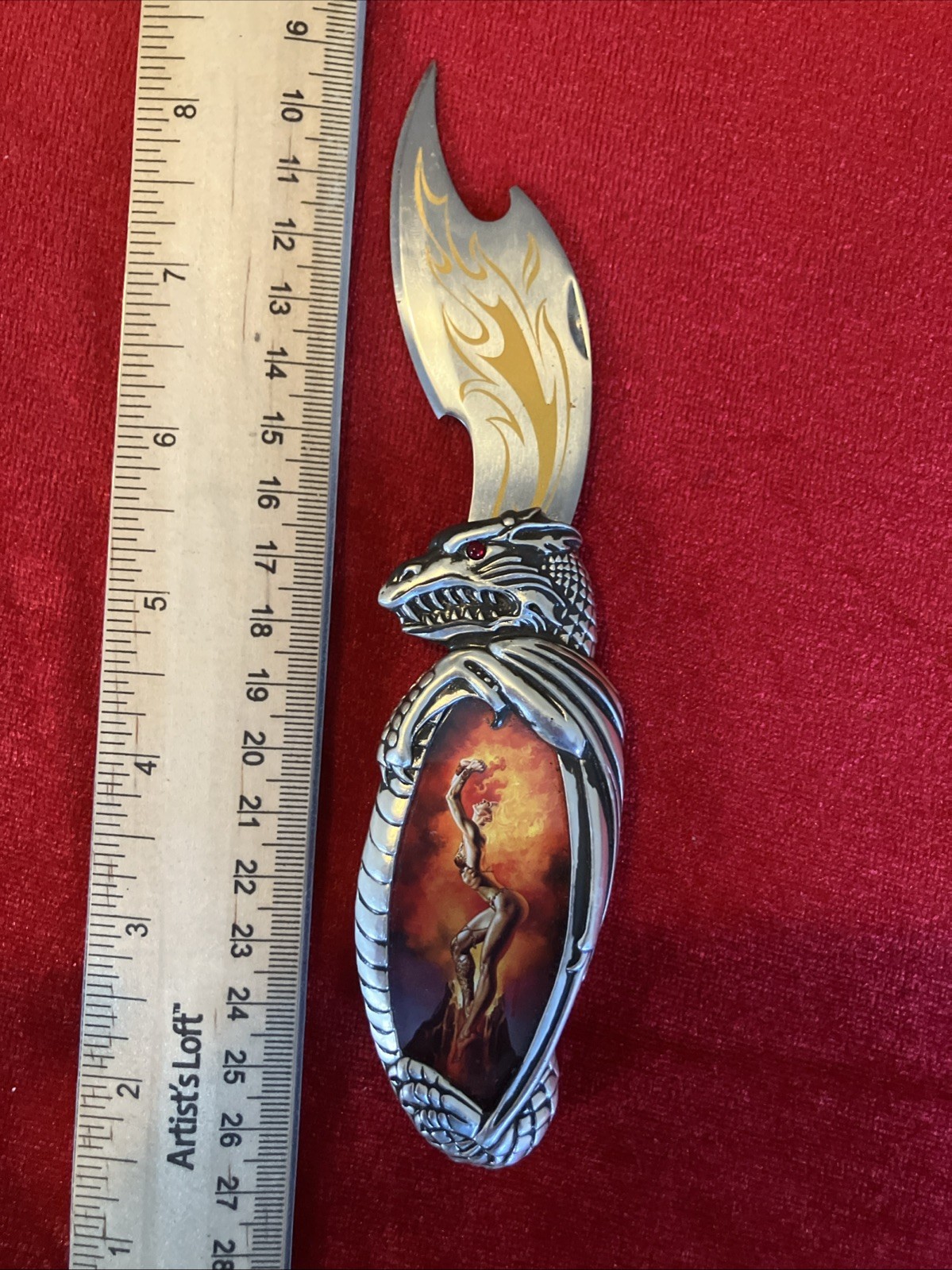 RARE Master Collection Fantasy Dragon Knife Woman Art Red Eye Ornate Folding