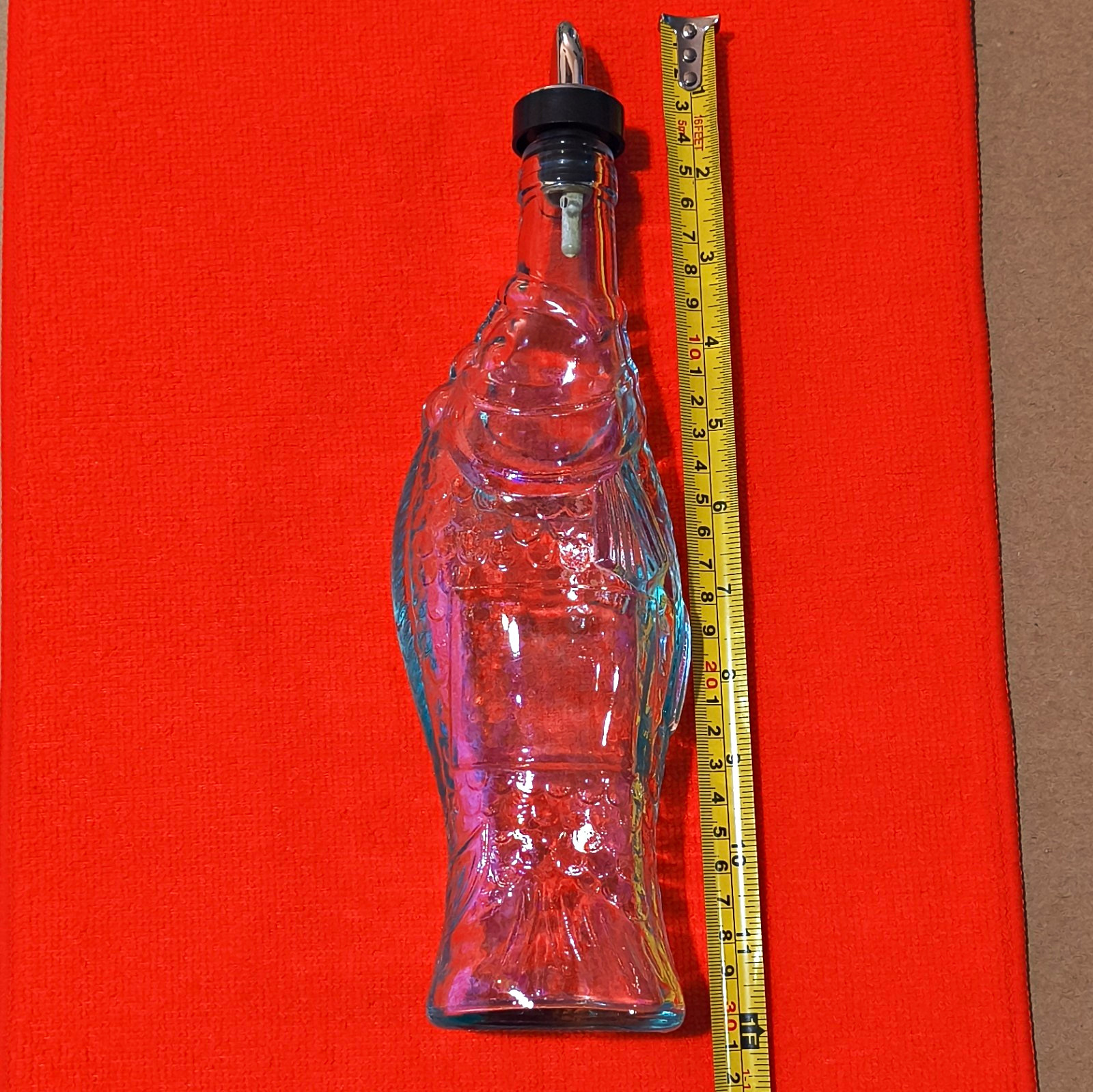 Vtg Italian Wine Green Glass Fish Bottle Pourer Stopper w/ Metal Spout 