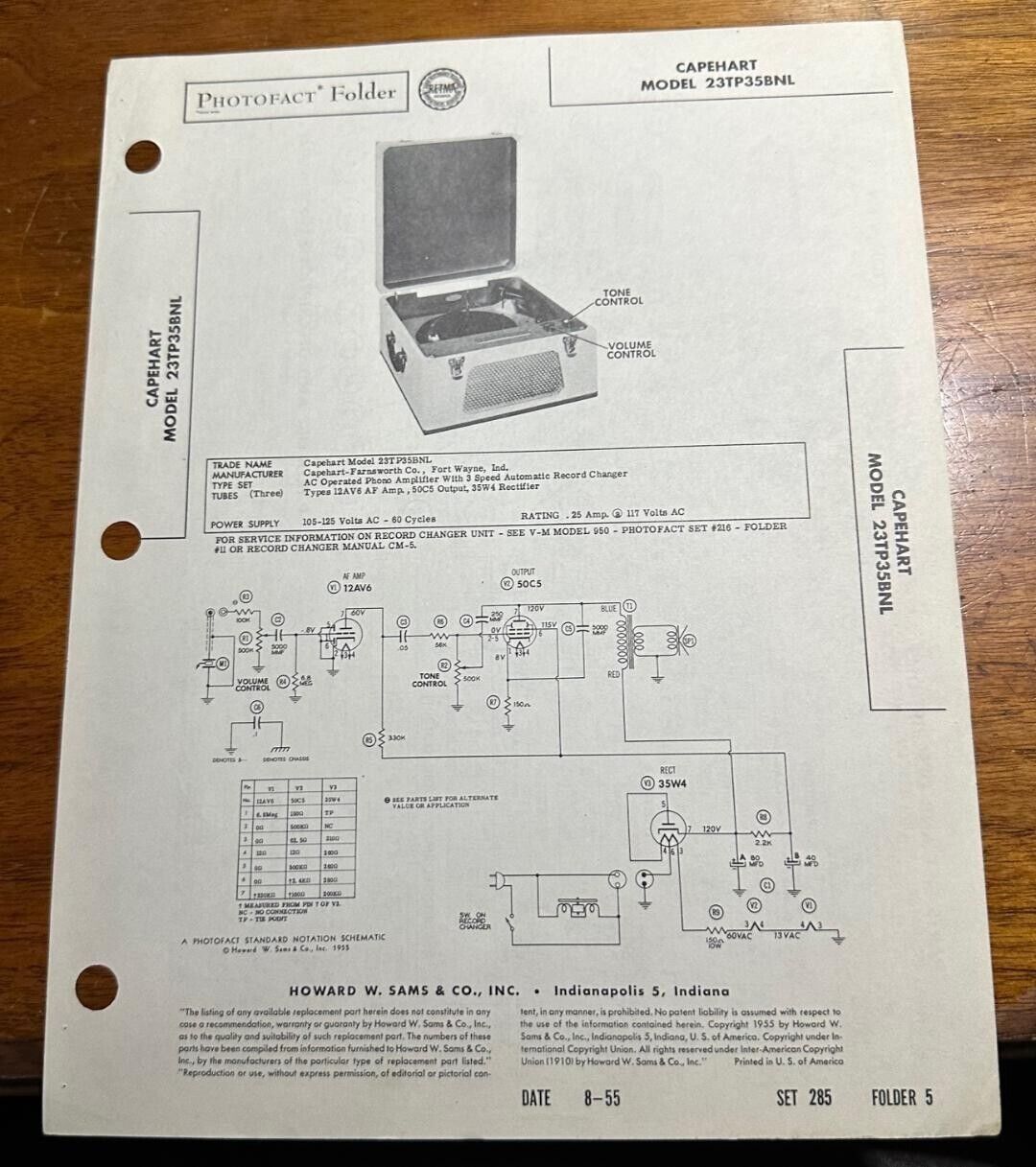 1955 Capehart 23TP35BNL Record Player Am Photofact Service Manual Foldout Folder