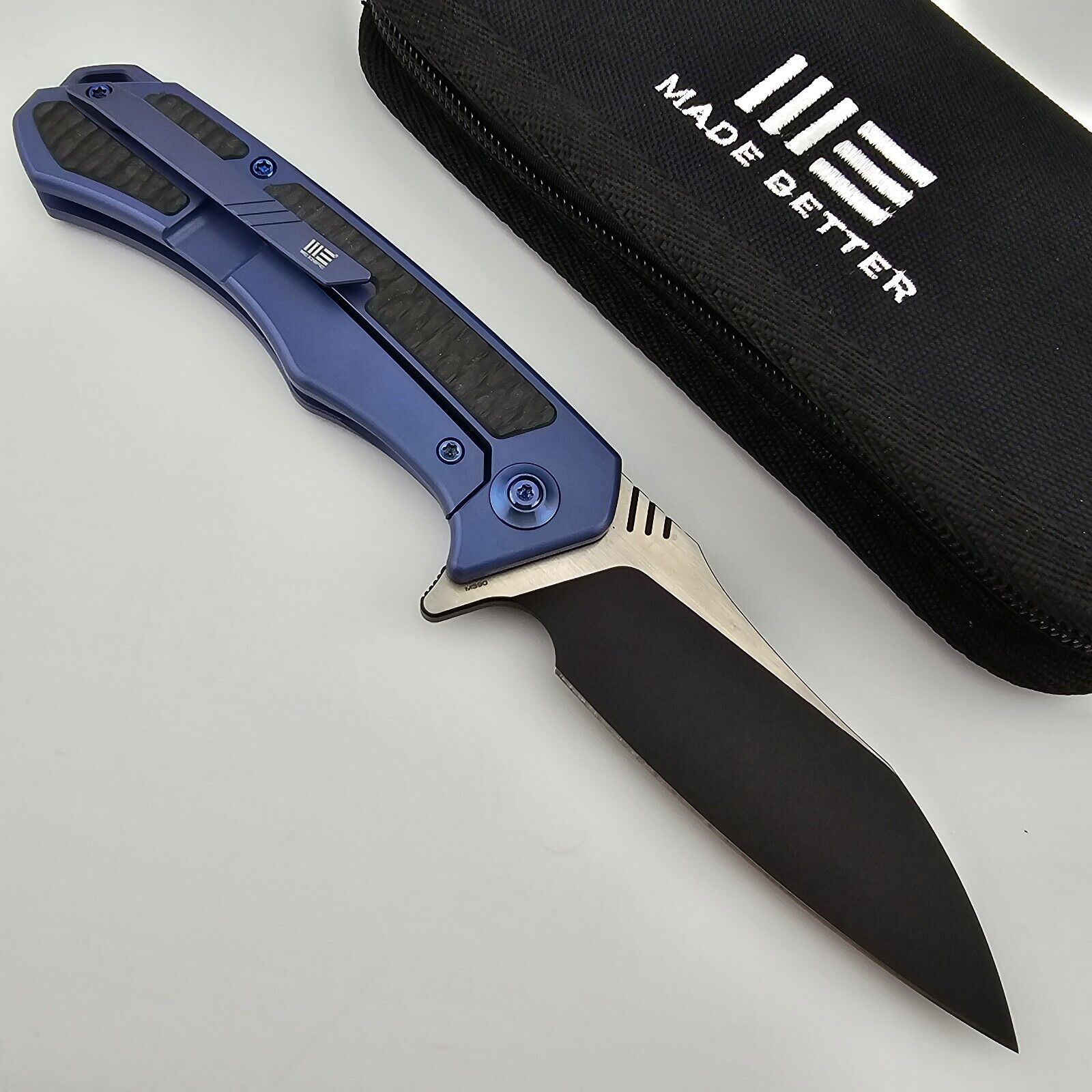 WE Knife Minitor Folder Blue Titanium Handles CF Inlays M390 Two Tone Blade 801A