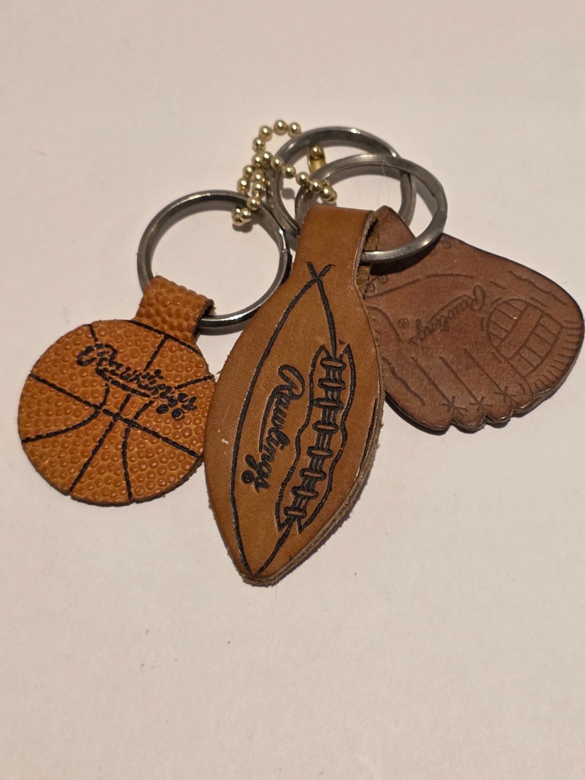 3 Vintage Leather Rawlings Key Rings Baseball Football Basketball 