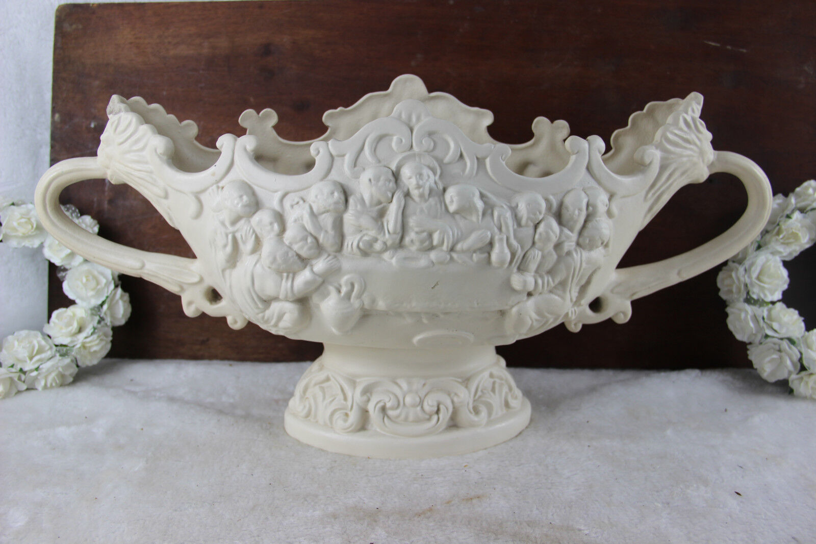 Vintage French LAst supper religious Christ majolica centerpiece coupe lion head