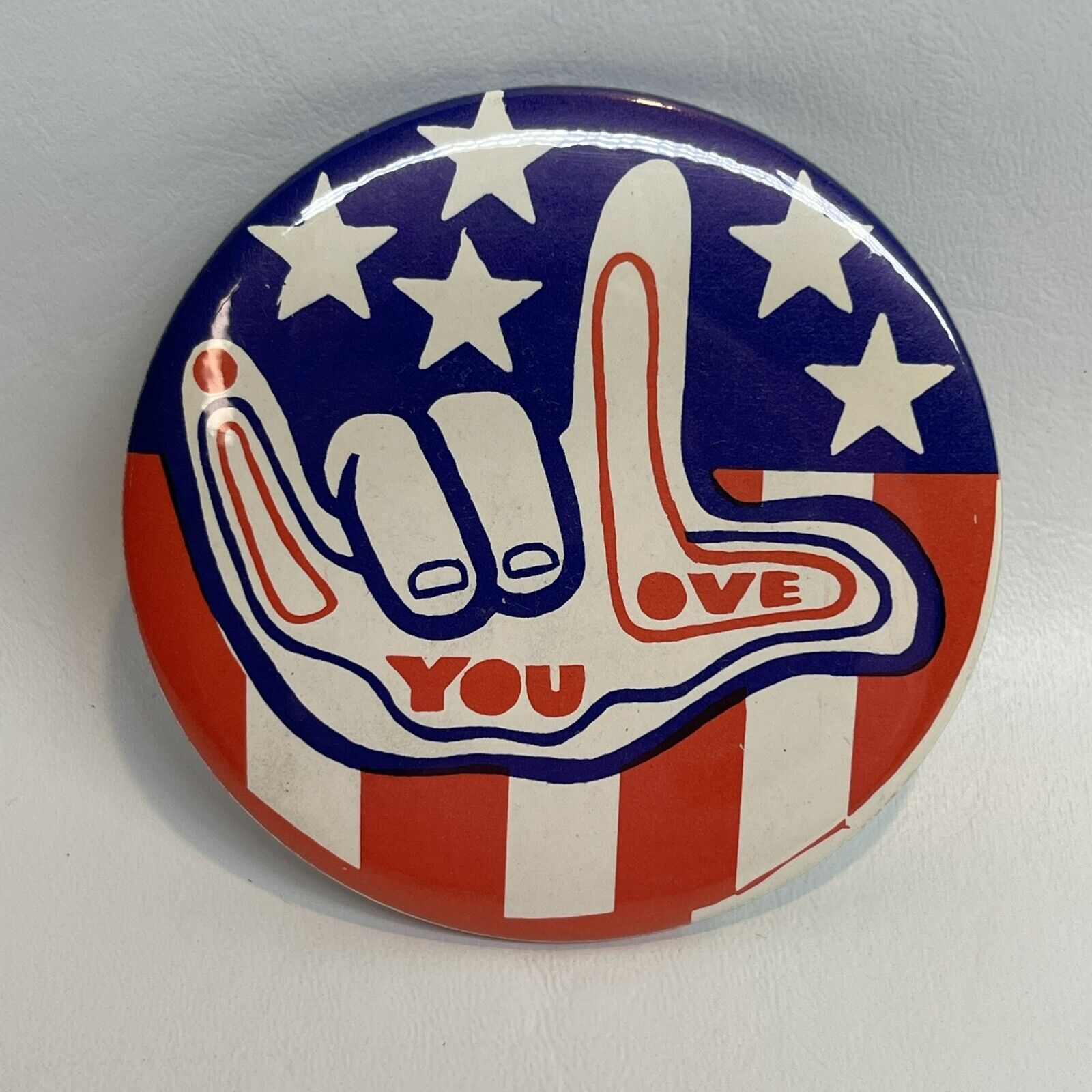 Vtg 70s Pin Back Button Love You Hand Sign Retro Patriotic Red White Blue 3\