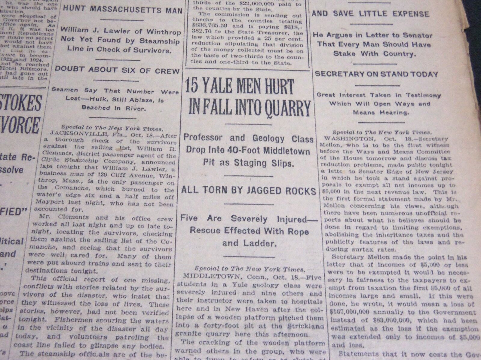 1925 OCTOBER 19 NEW YORK TIMES - 15 YALE MEN HURT IN QUARRY FALL - NT 5396
