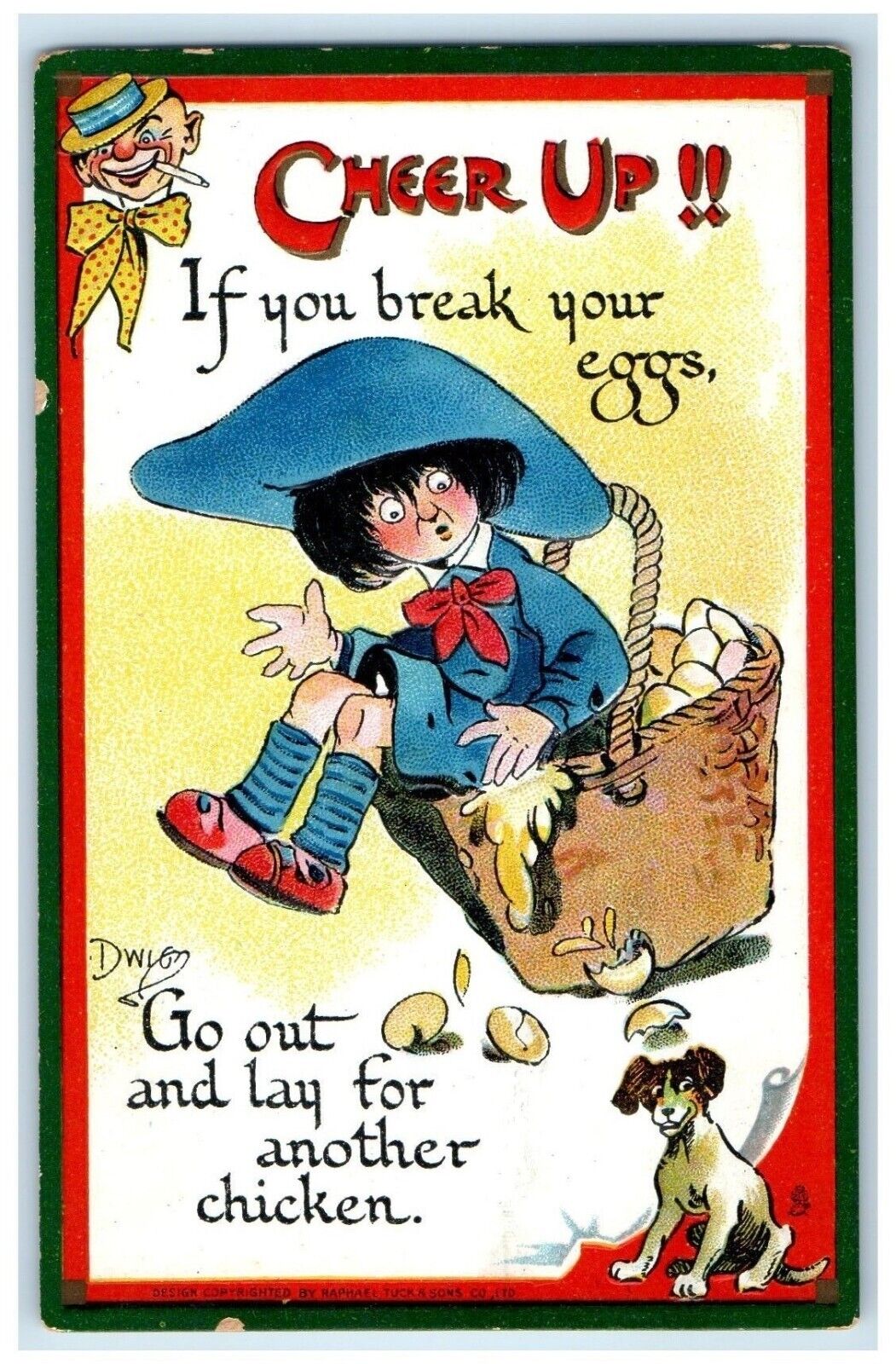 c1910s Cheer Up Boy In Basket Eggs Dog Dwig Tuck\'s Embossed Antique Postcard