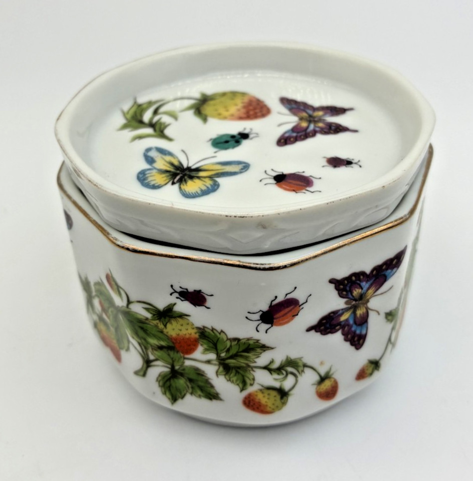 Vintage Lenwile Ardalt Hand Painted Lidded Dish Strawberries & Butterflies 2