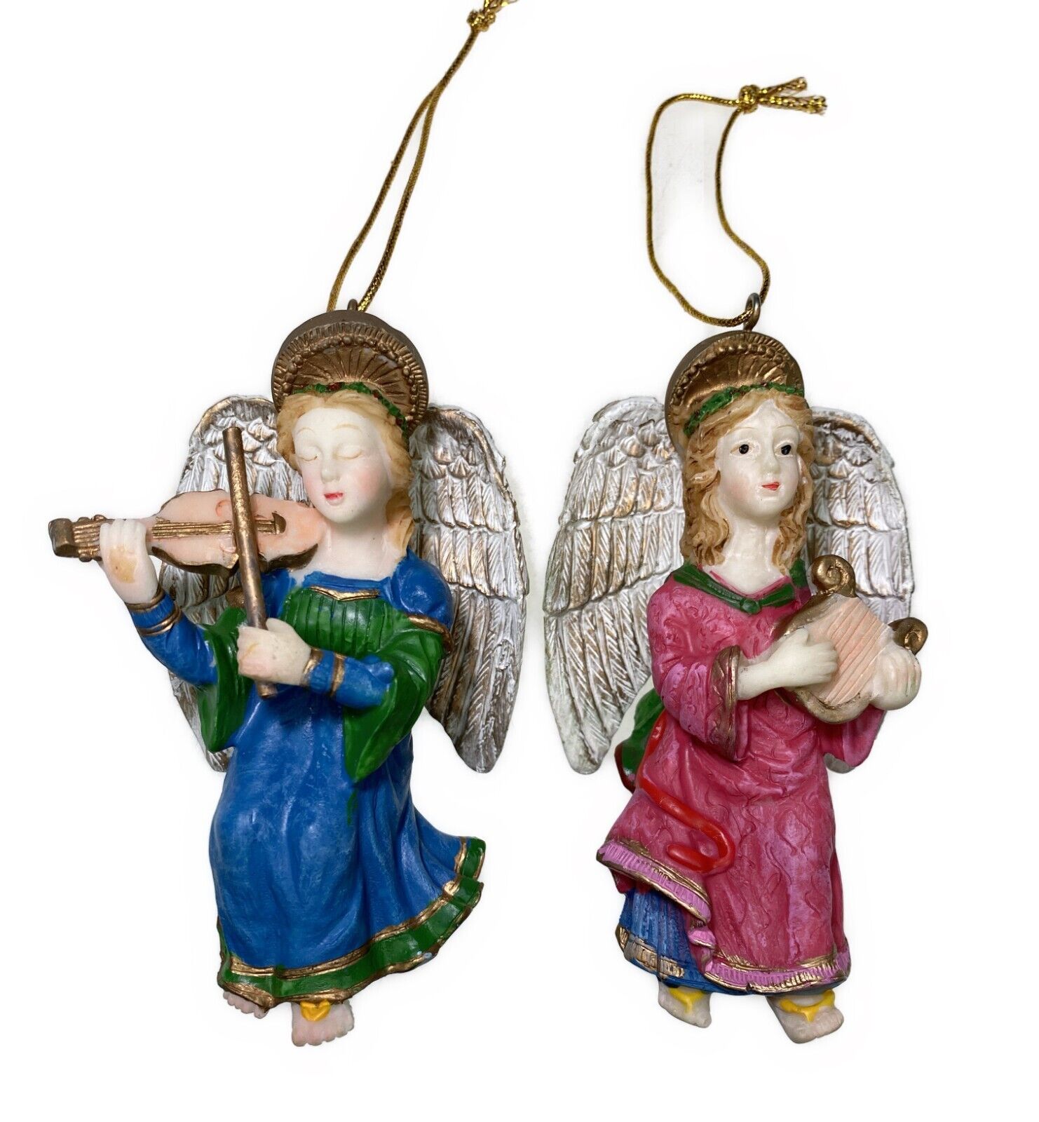 2 Resin Angel Christmas Ornaments Violin Harp Peaceful Heavenly Messenger