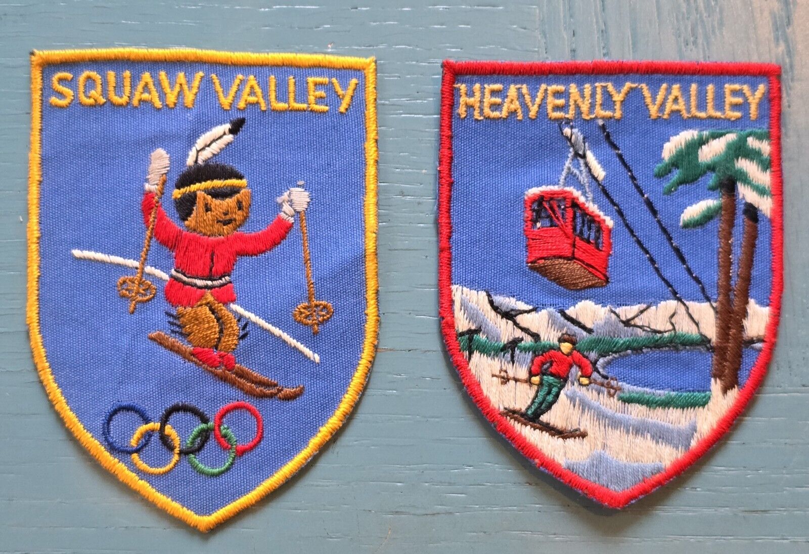 Two Vtg Ski Patches - Rare Olympic Squaw Valley and Heavenly Valley - Lake Tahoe
