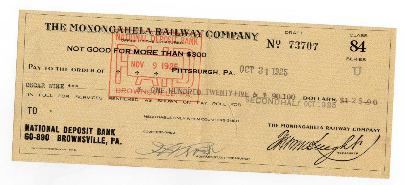 1925 - Monogahela Railway co check for 125$ Coal Hauling Railroad PA VA-  XL2i
