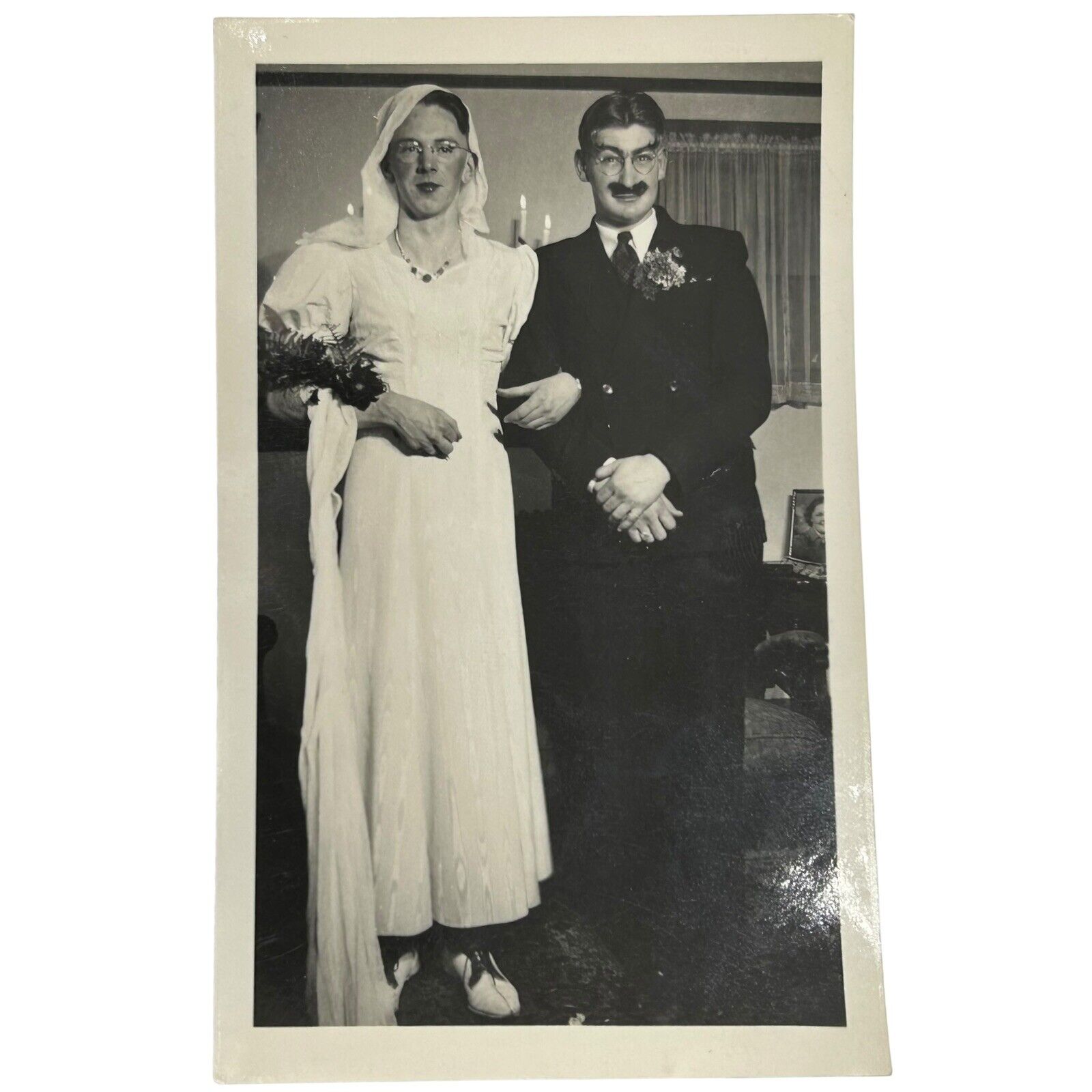 Antique Photo Cross Dressing Men As Wedding Couple Groucho Look-alike Gay LGBTQ