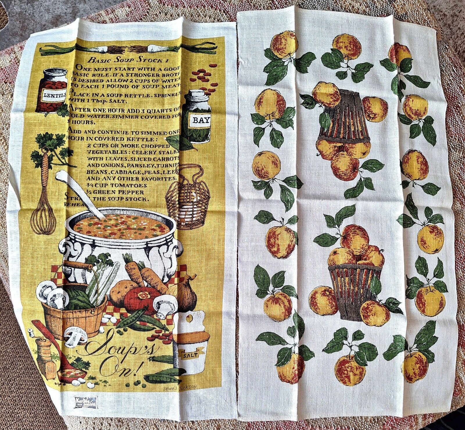 2 1970s VTG KayDee Hand Prints 100%Linen Kitchen Towels, One w/ Sticker ~ NEW