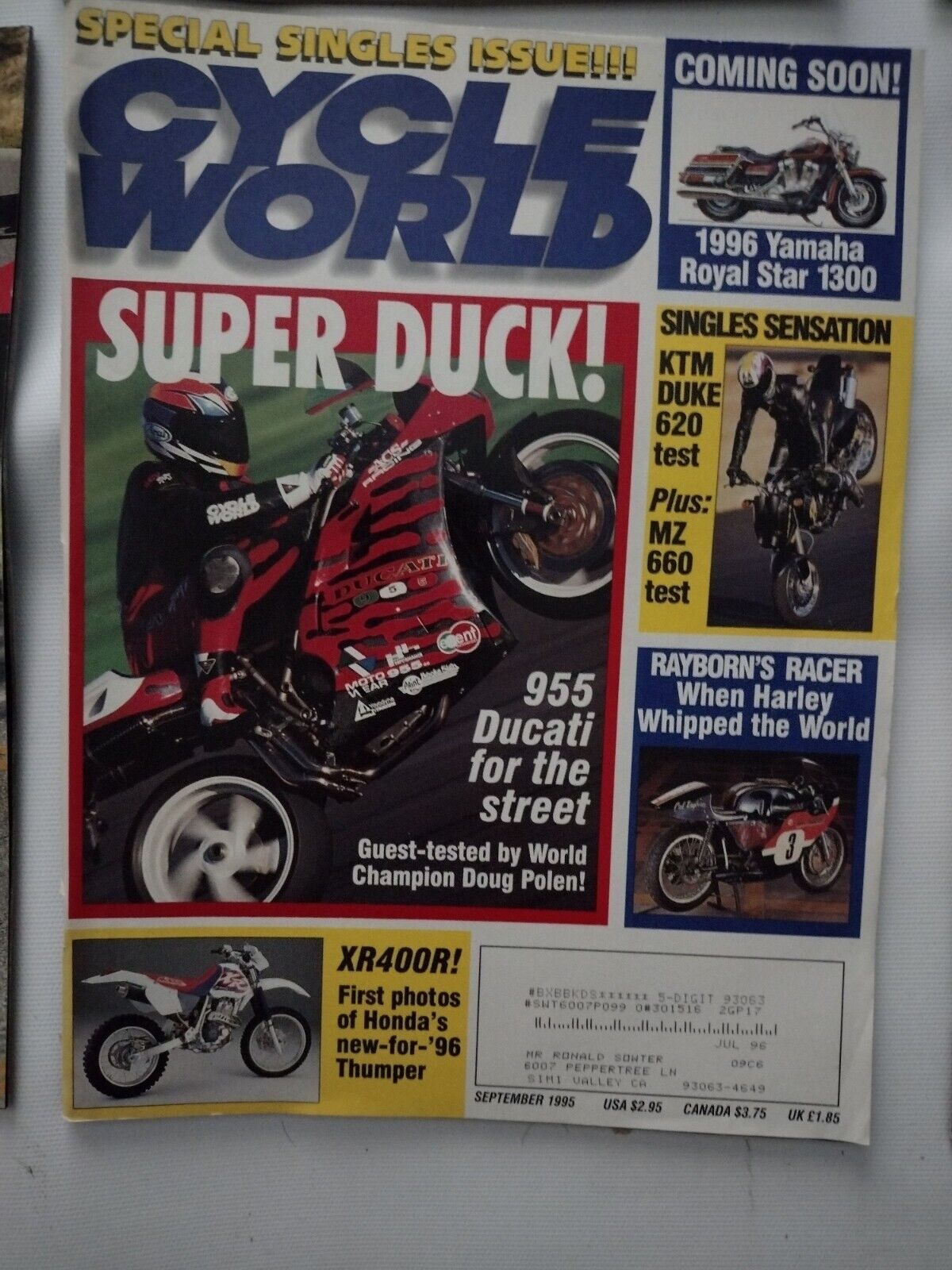 SEPTEMBER 1995 CYCLE WORLD MAGAZINE, DUCATI 955, KTM DUKE 620, HONDA XR400R