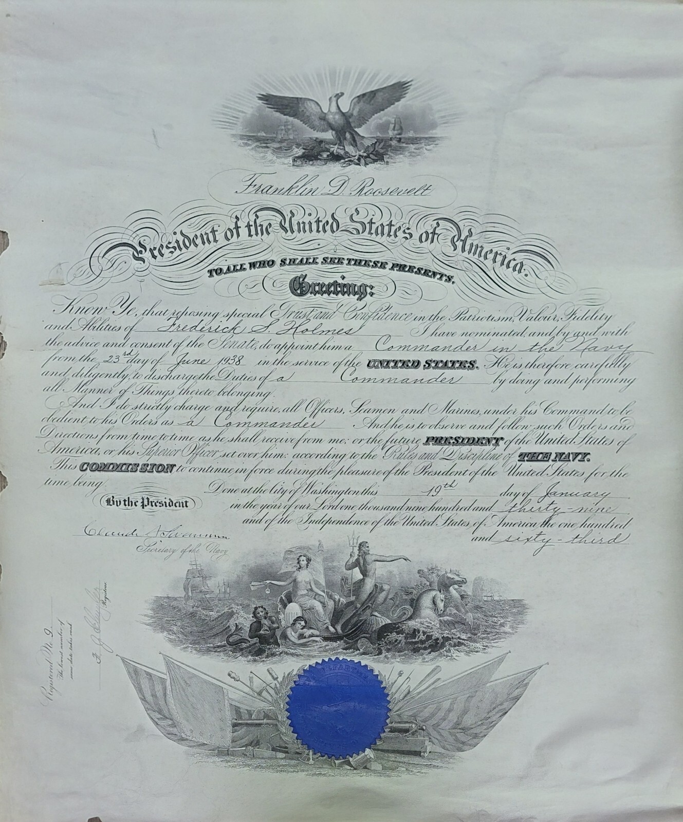 1939 President Franklin D. Roosevelt  US Navy Naval Officer Promotion  19\