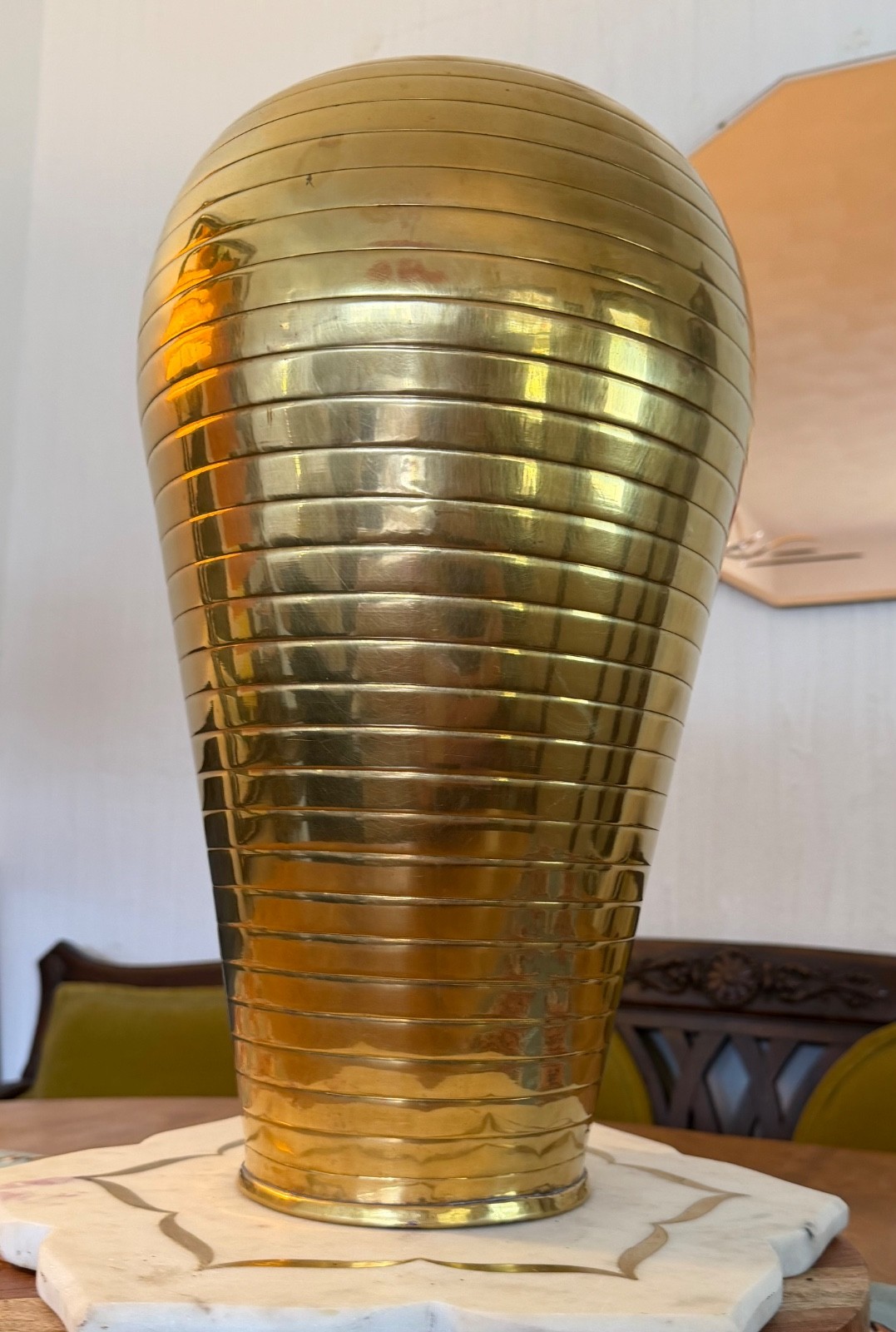 VTG Solid Brass Large Floor Vase Ribbed With Warm Gold Patina 17\ VTG Solid Brass Large Floor Vase Ribbed With Warm Gold Patina 17\