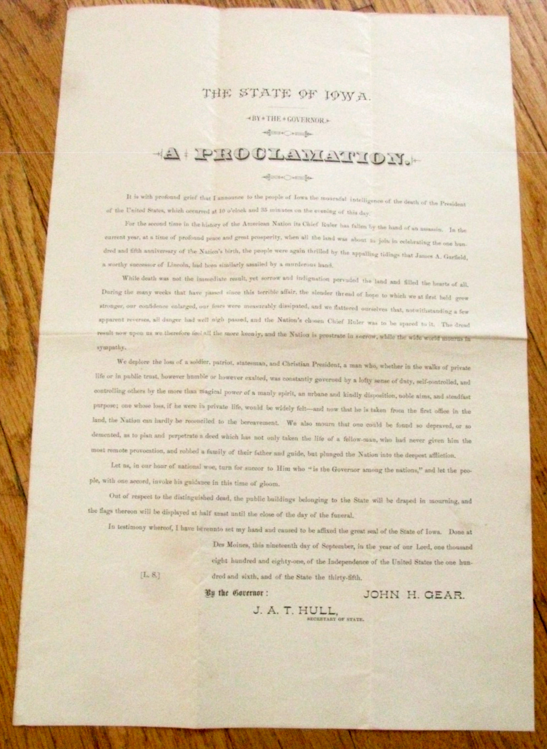 PRESIDENT JAMES A GARFIELD ASSASSINATION  BROADSIDE 1881