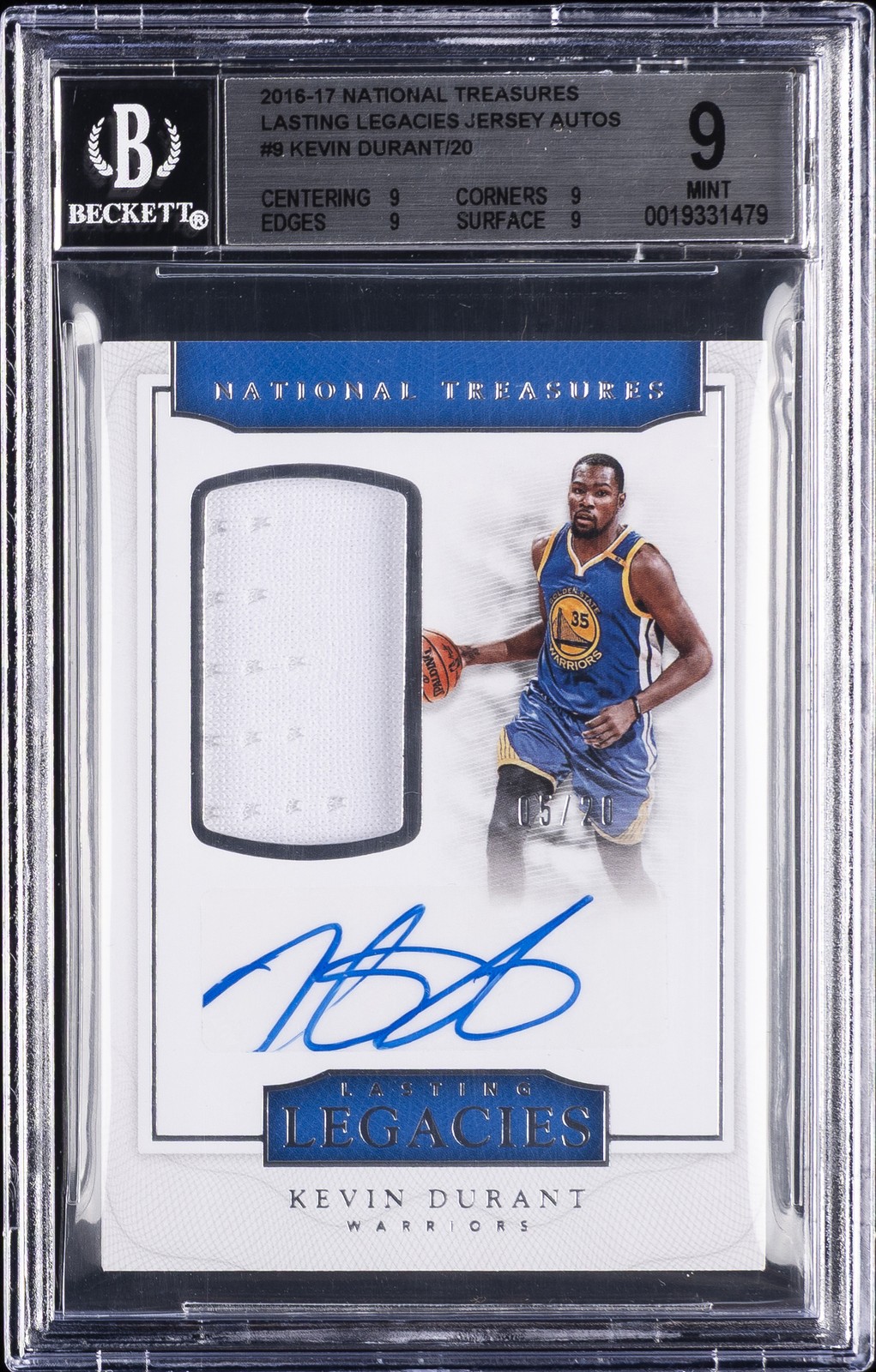 2016-17 NATIONAL TREASURES LASTING LEGACIES JERSEY AUTOS #9 KEVIN DURANT BGS 9